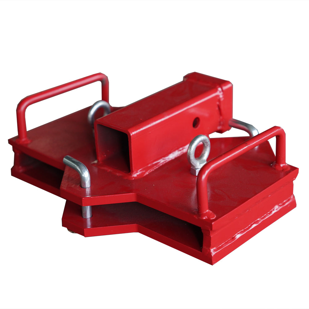 Red metal hitch receiver attachment with sturdy handles and eye bolts for secure lifting