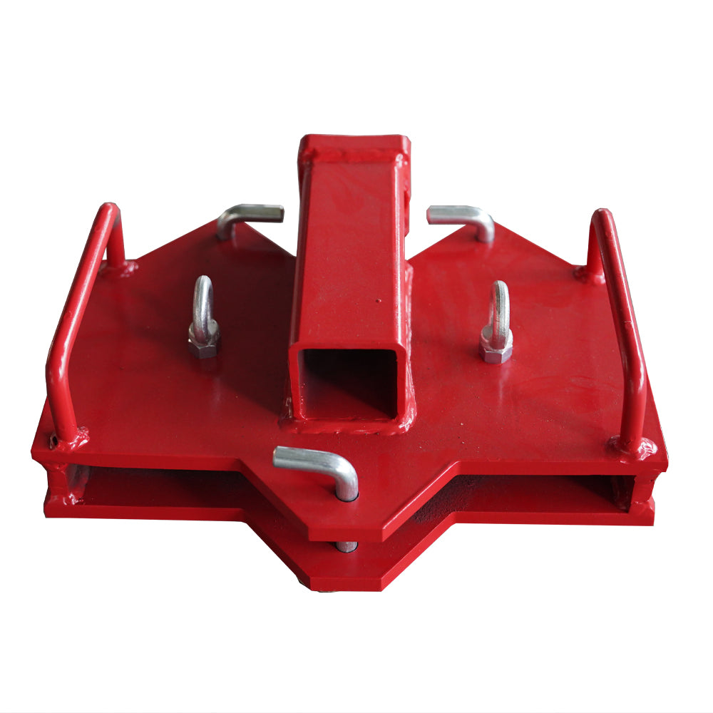 Red metal hitch adapter with square receiver for tractor attachments