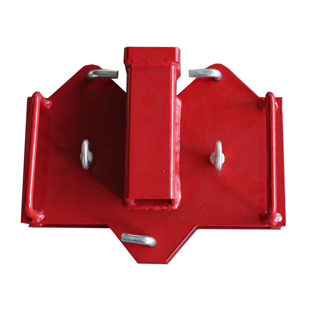 Heavyduty red steel hitch adapter with locking pins and a tow receiver
