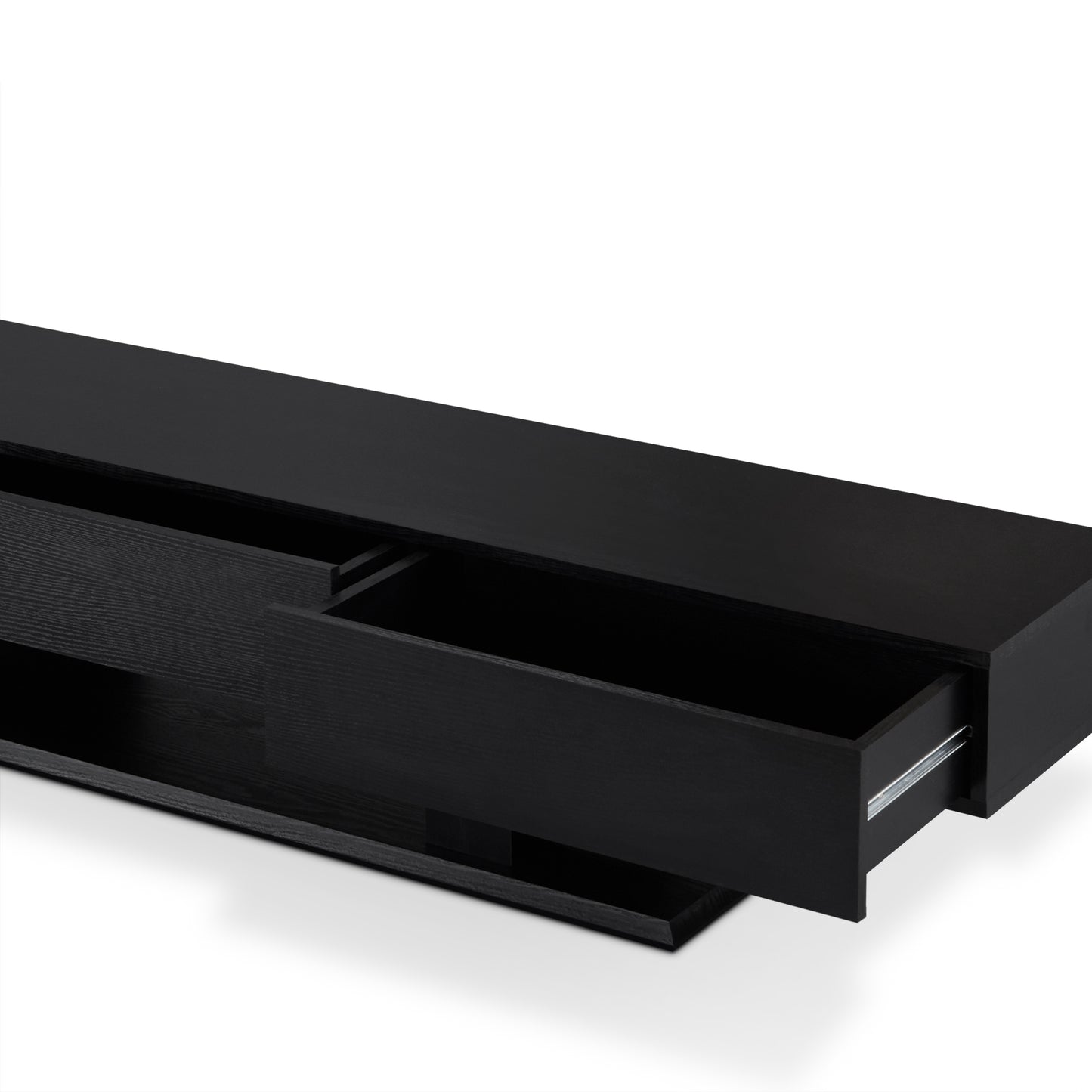 Modern black wood TV stand with open shelving and one extended drawer