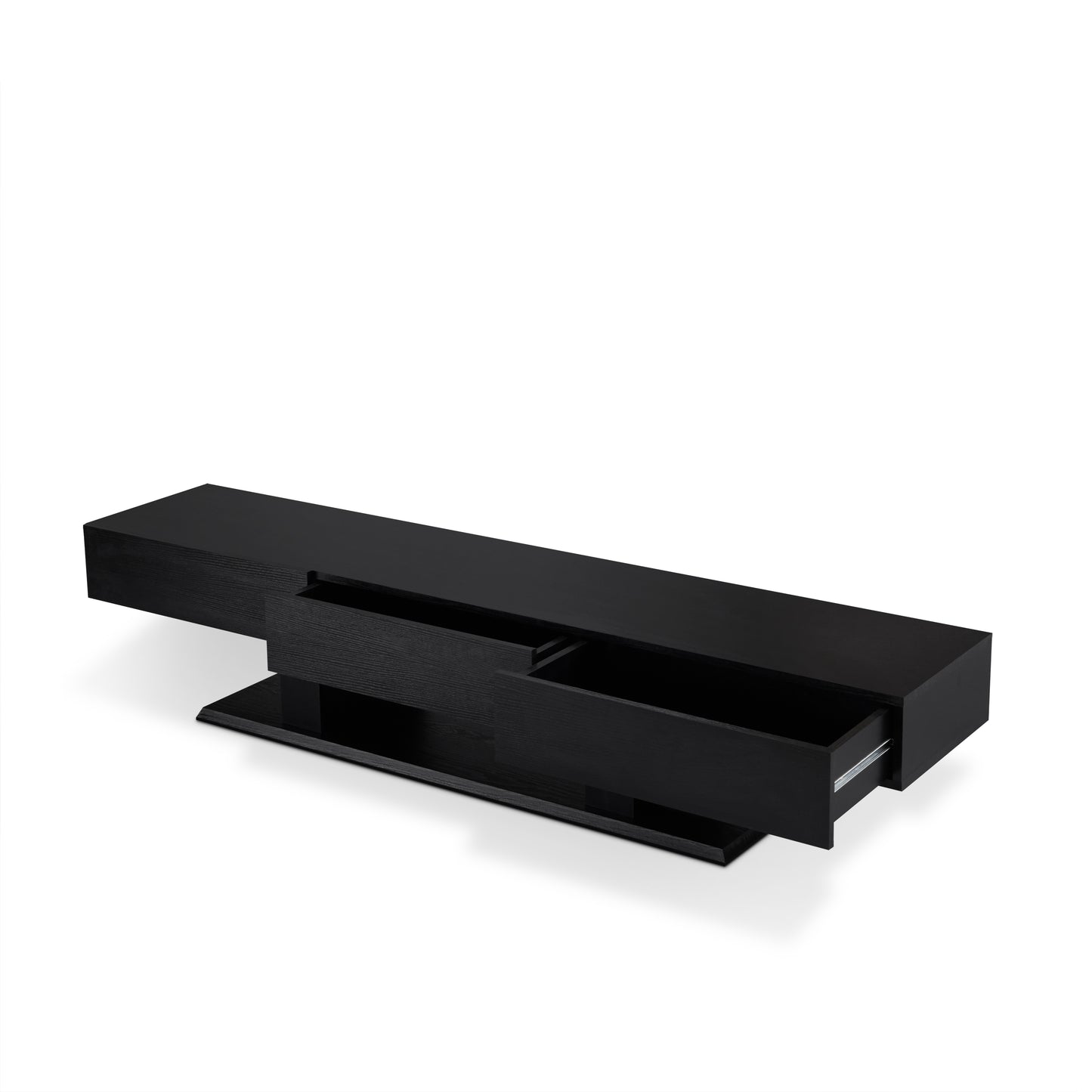 Sleek black modern TV stand with one open drawer and minimalist design