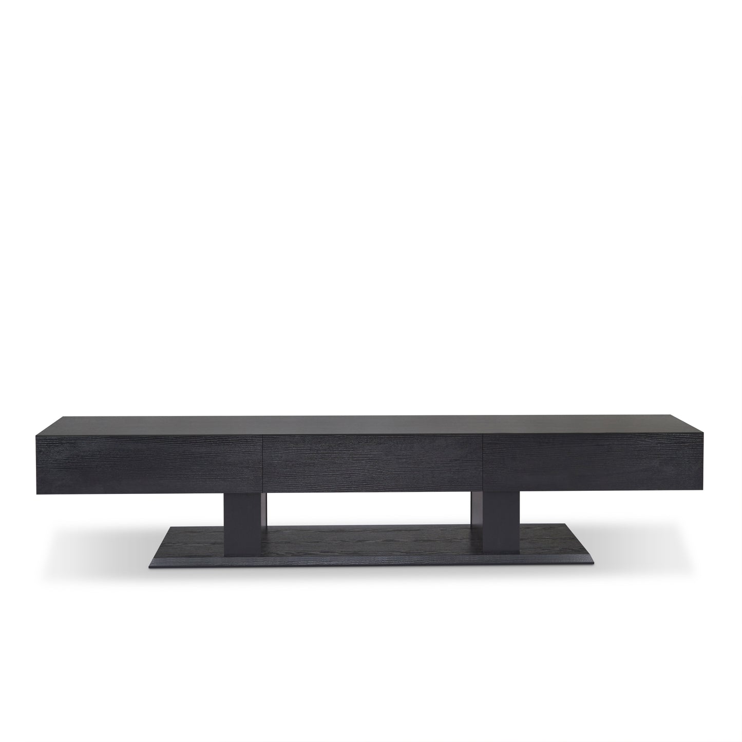 Black modern media console with three drawers and open shelving space