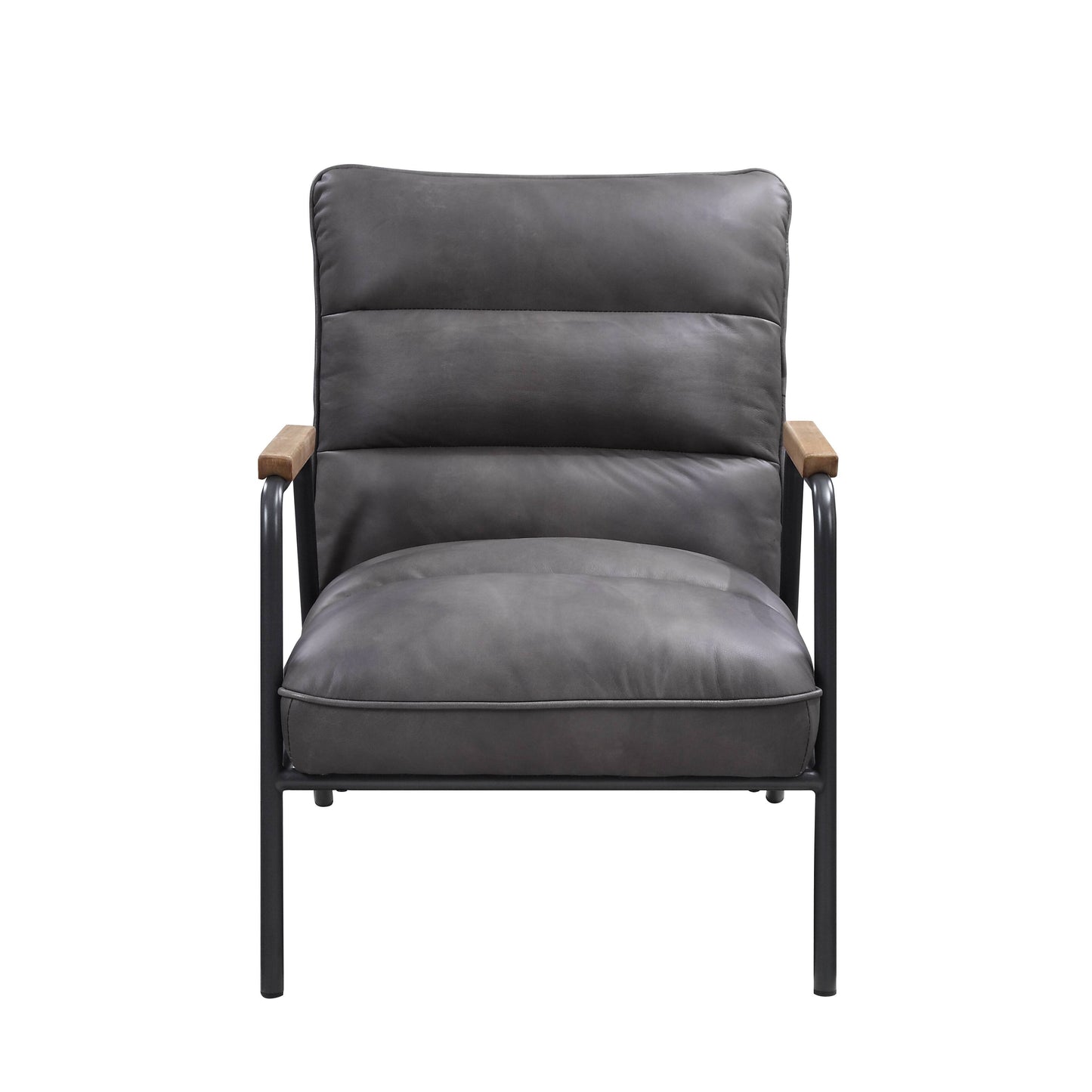 Dark grey leather accent chair with quilted backrest and wooden armrests