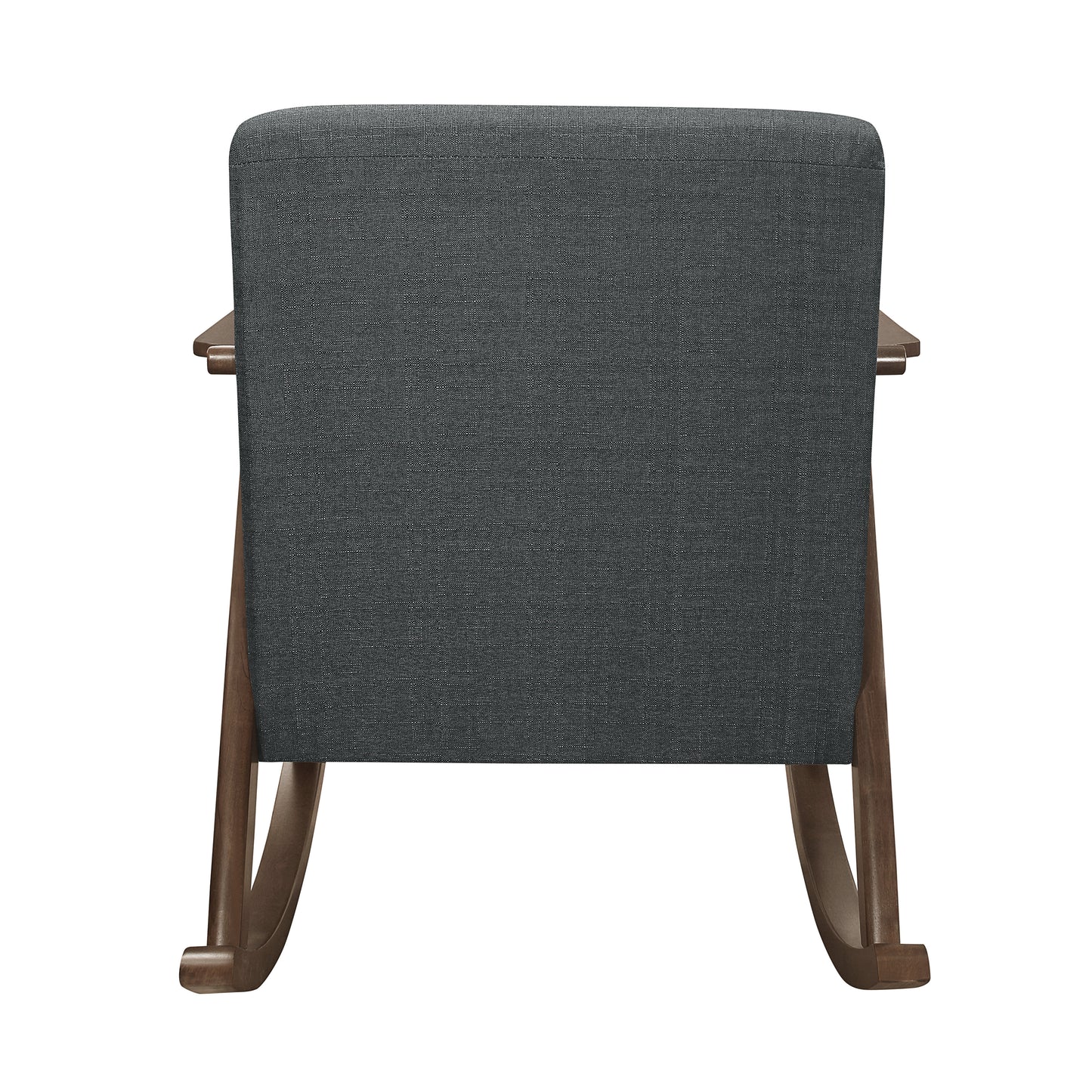 Back view of a dark grey upholstered rocking chair with wooden arms and legs