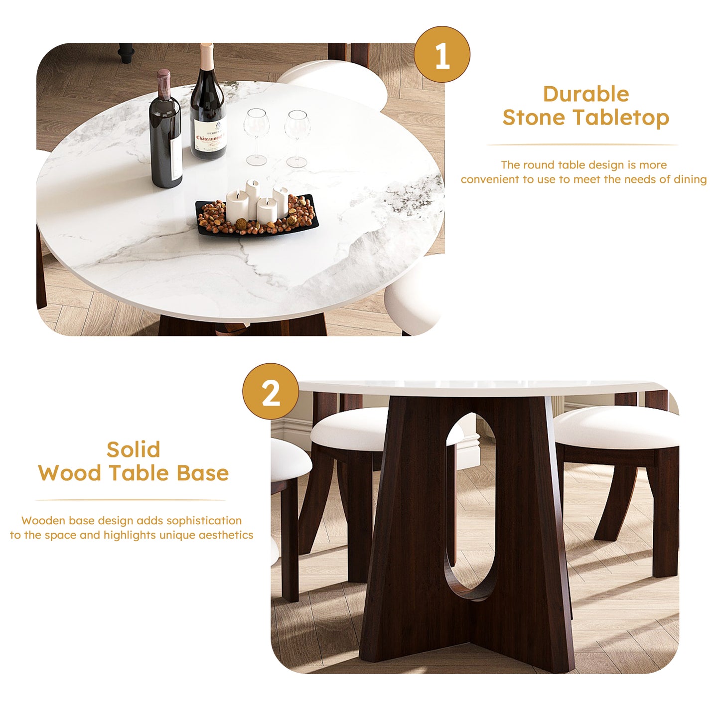 Round dining table with durable white marble stone tabletop and dark wood base