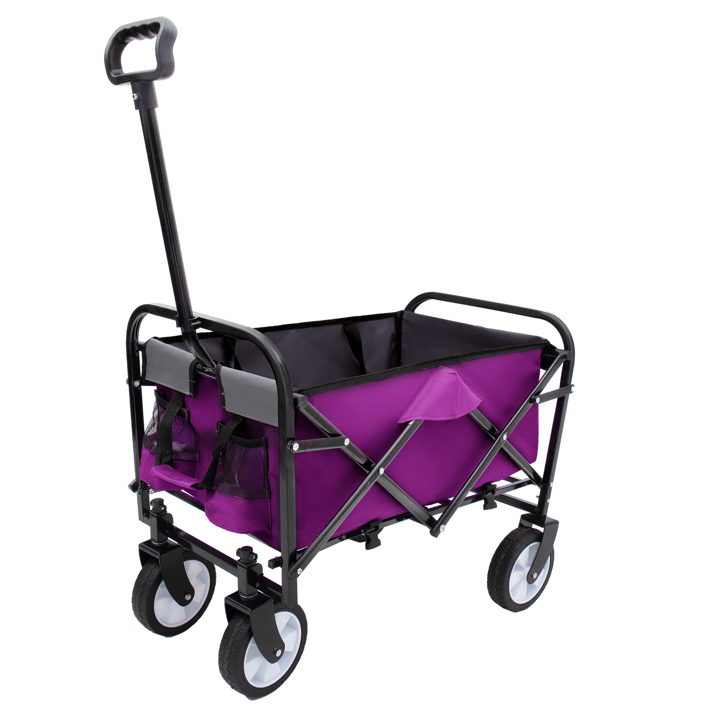 Purple collapsible garden wagon with black frame and adjustable handle for easy transport