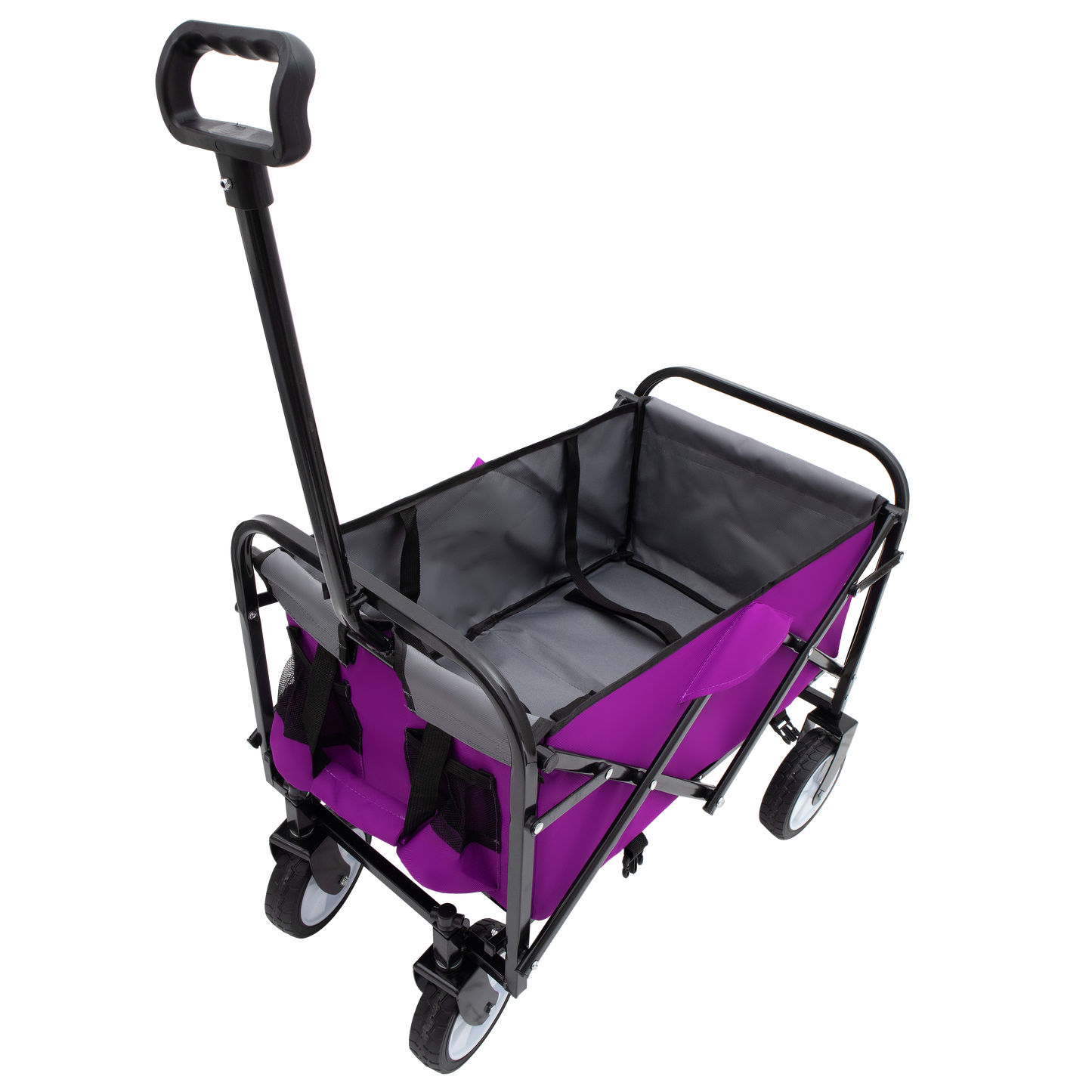 Purple foldable outdoor wagon with sturdy black frame and telescoping handle