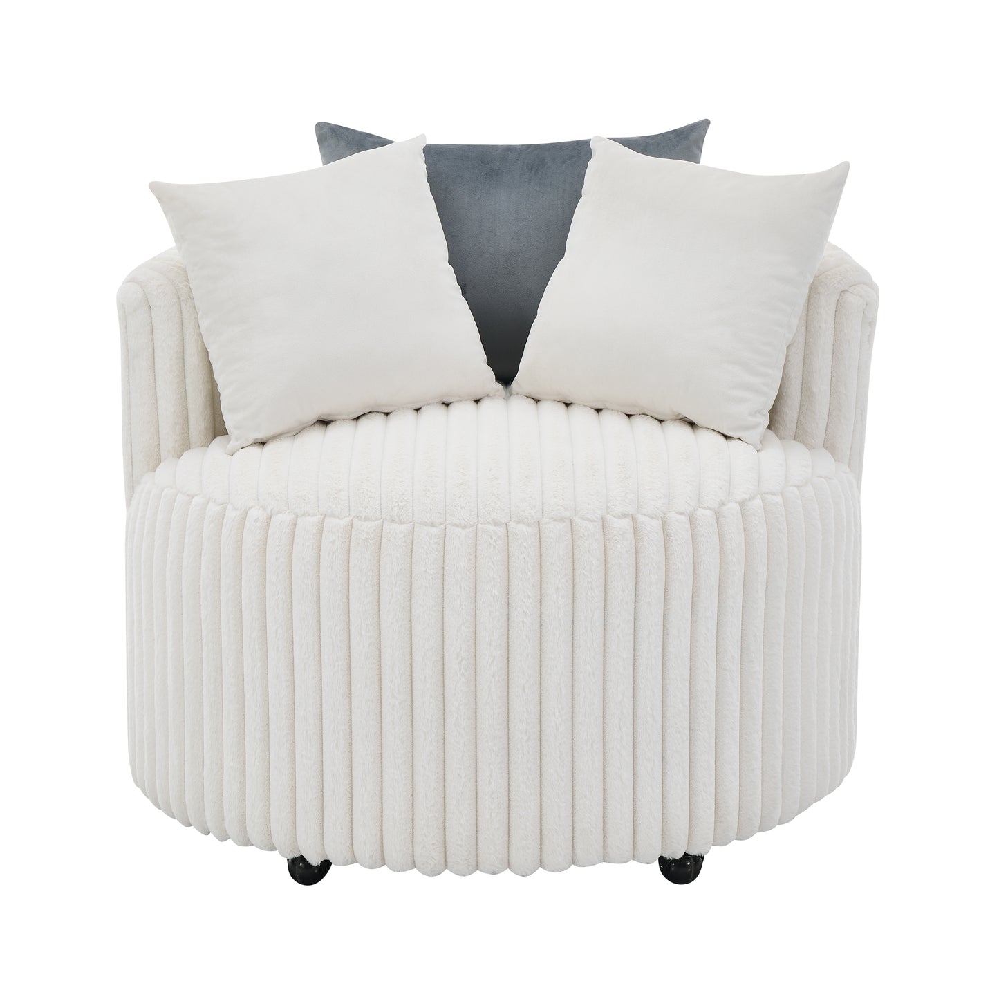 Cream textured accent chair with two white and one grey pillow