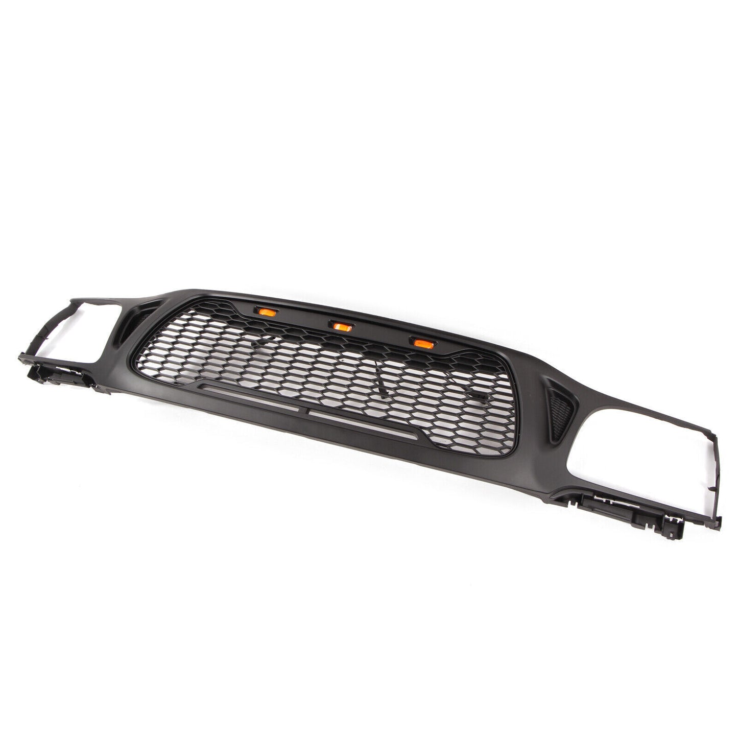 Black honeycomb grill with amber LED lights for automotive customization