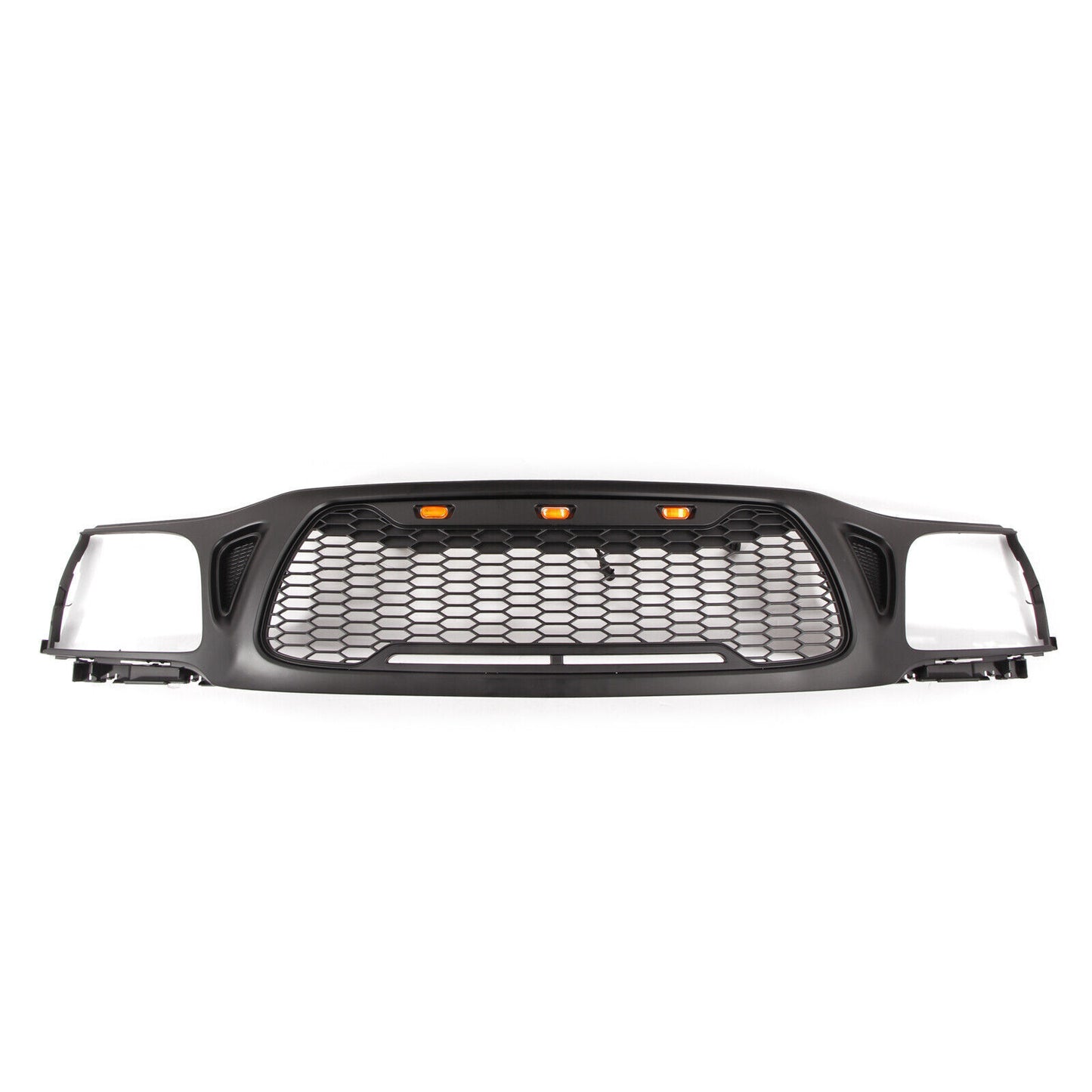 Black honeycomb truck grille with amber LED accent lights for enhanced visibility