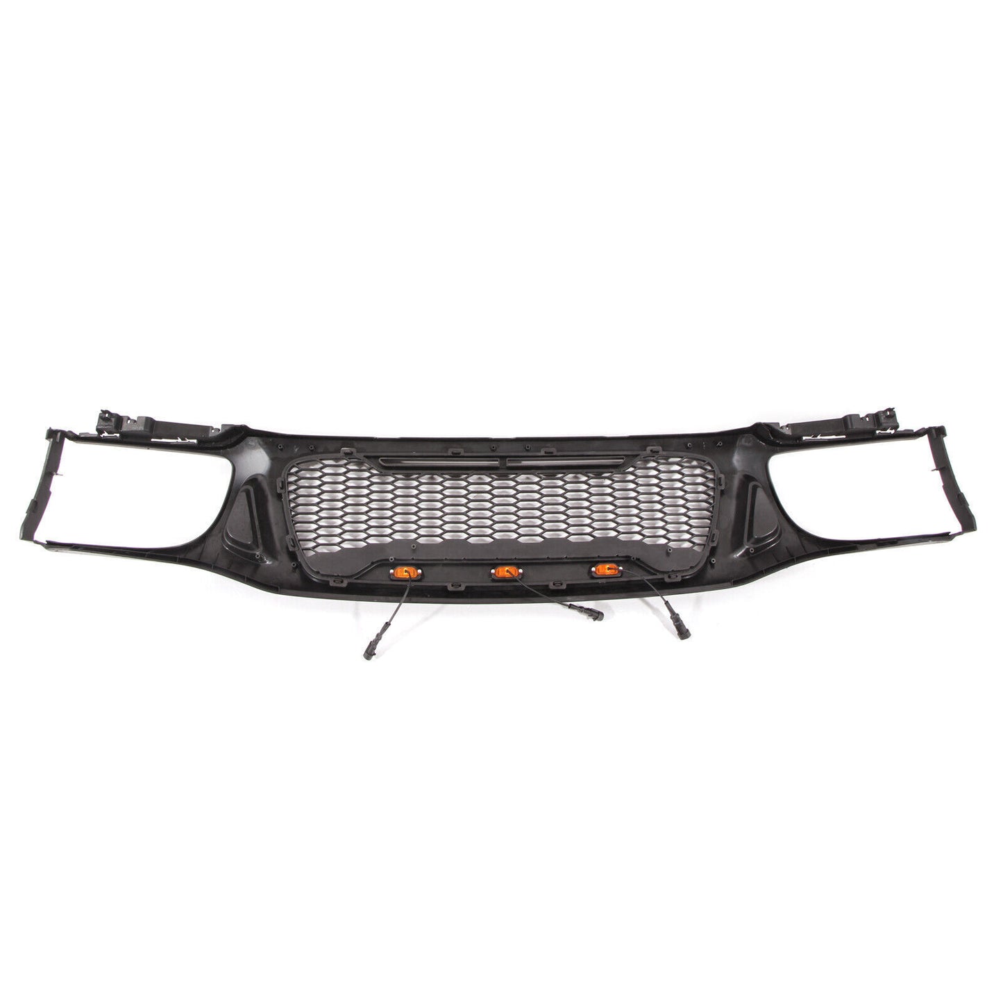Black honeycomb front grill with amber LED lights for custom trucks