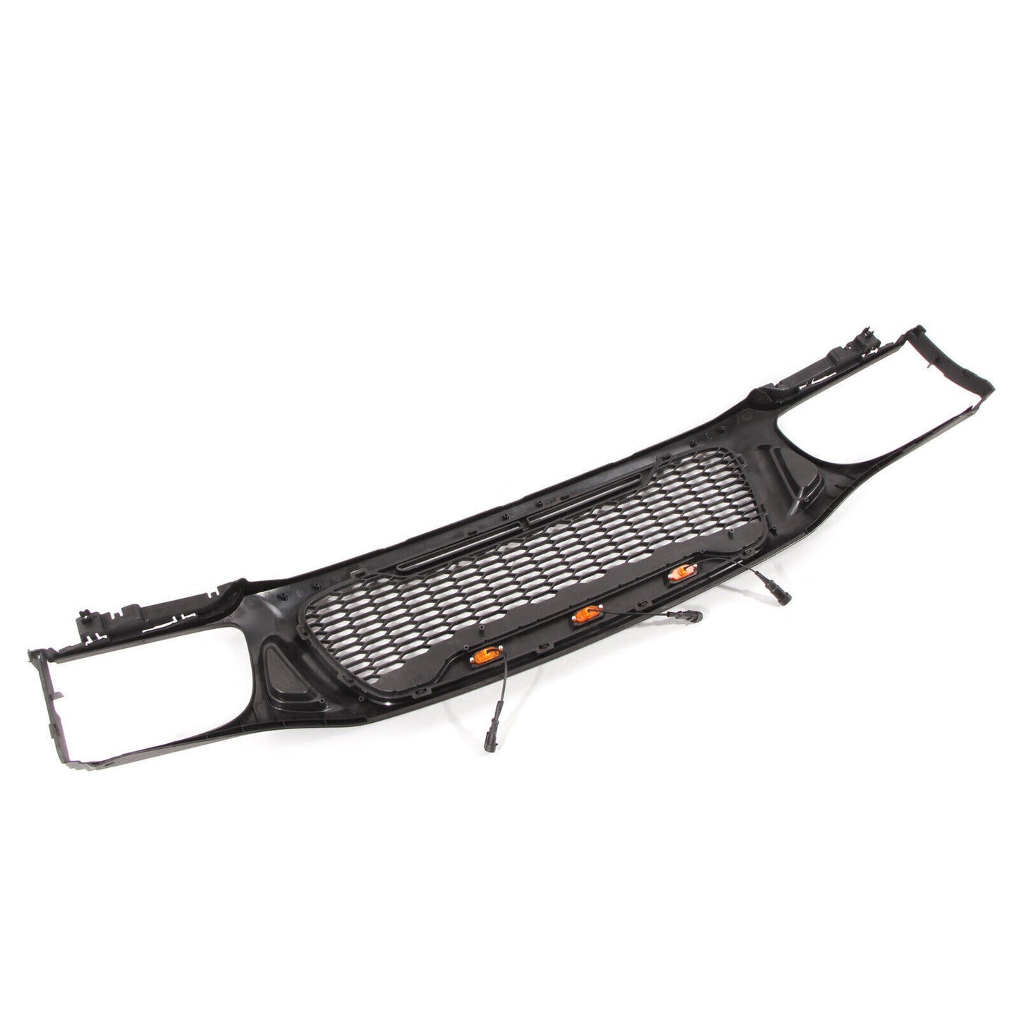 Black honeycomb grille with integrated amber marker lights for aftermarket vehicle customization