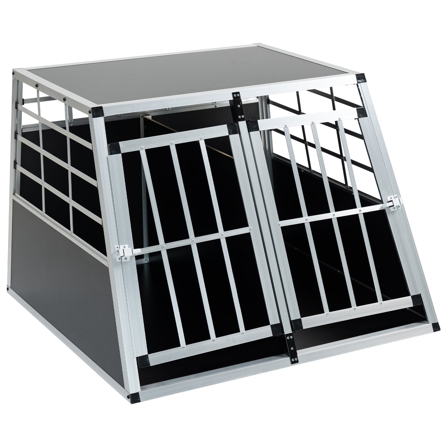 Sleek aluminum and black dog crate with double doors perfect for travel