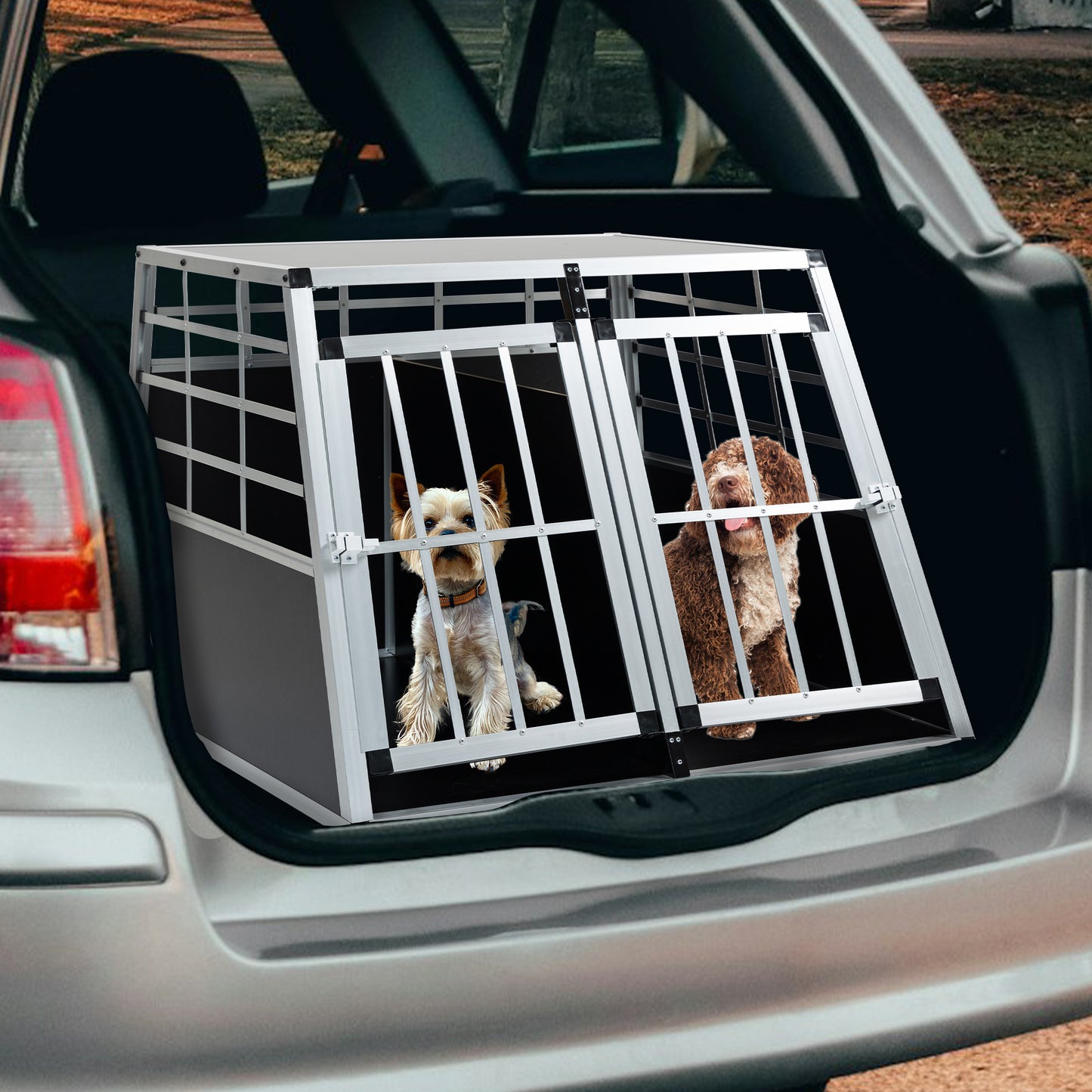 Twodog aluminum travel crate with double doors in an SUV trunk