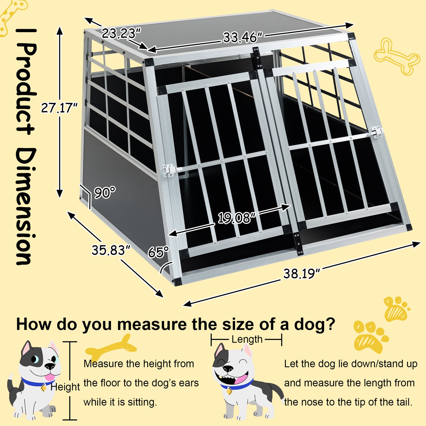 Silver and black aluminum dog crate with ventilation and double doors L x W x H