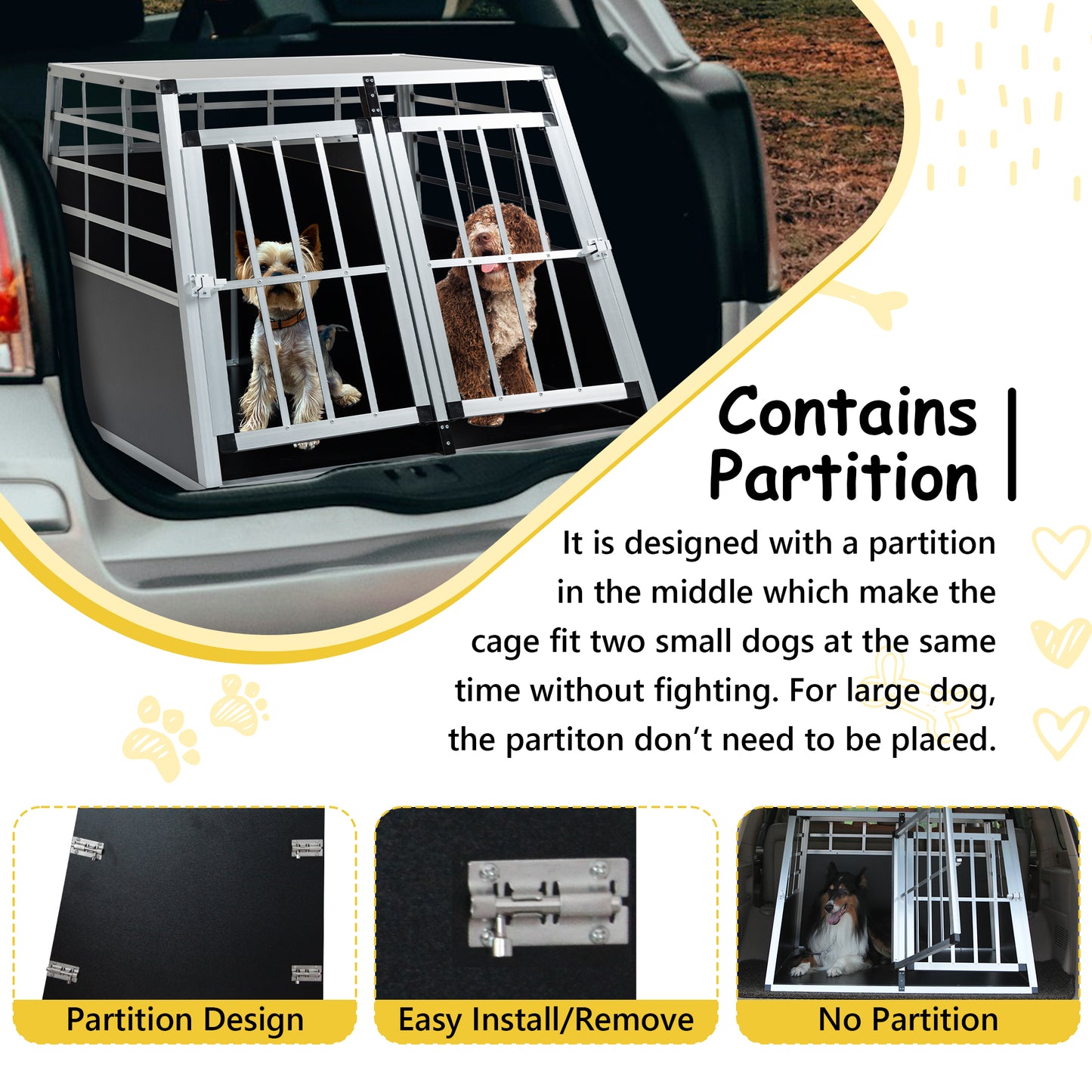 Silver aluminum dog crate with partition for travel in car trunk with small dogs