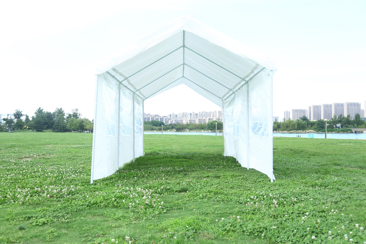 White party tent with metal frame and polyethylene canopy for outdoor events