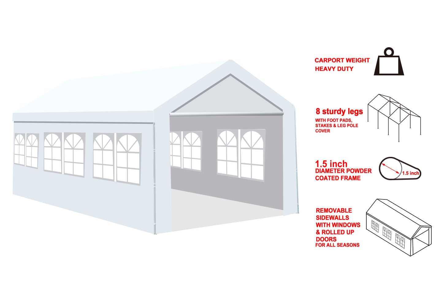 White heavy duty carport with arched windows and removable sidewalls