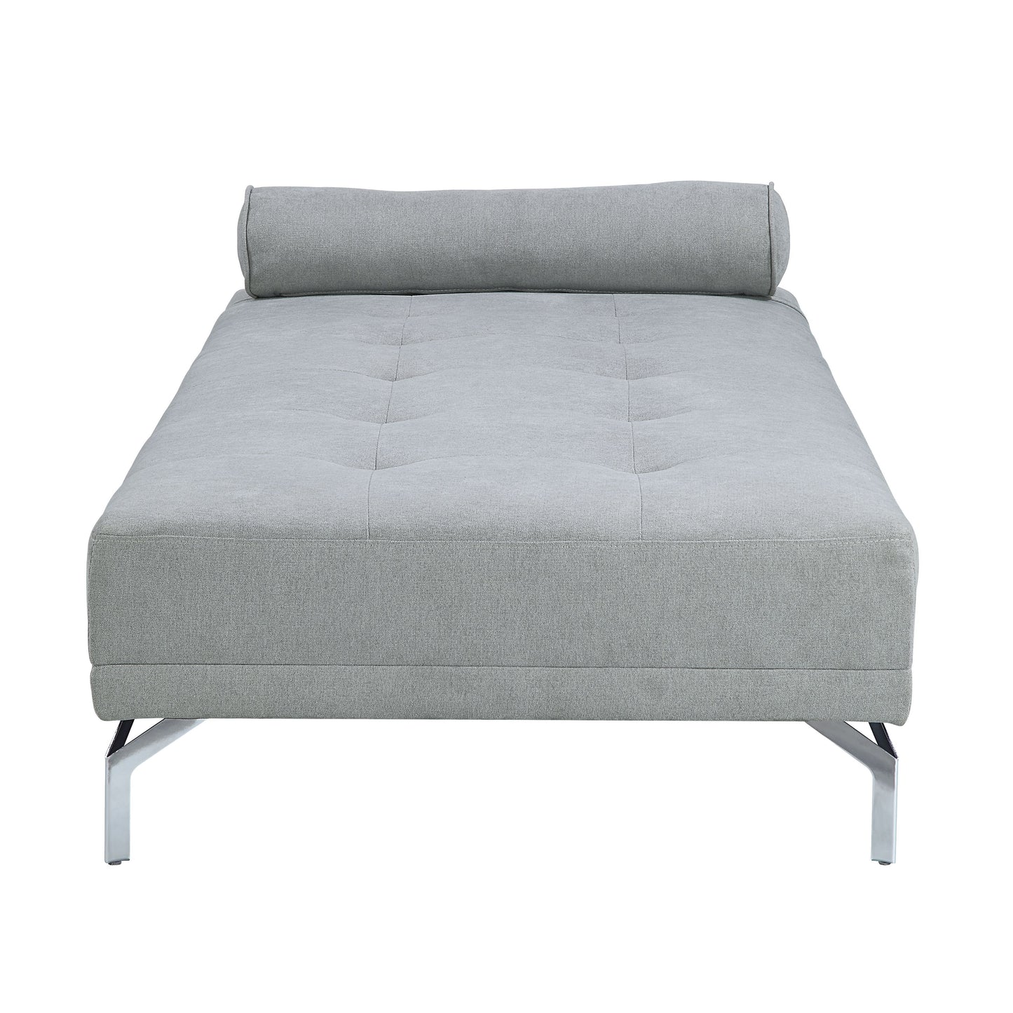 Gray upholstered daybed with tufted seat and cylindrical pillow on chrome legs