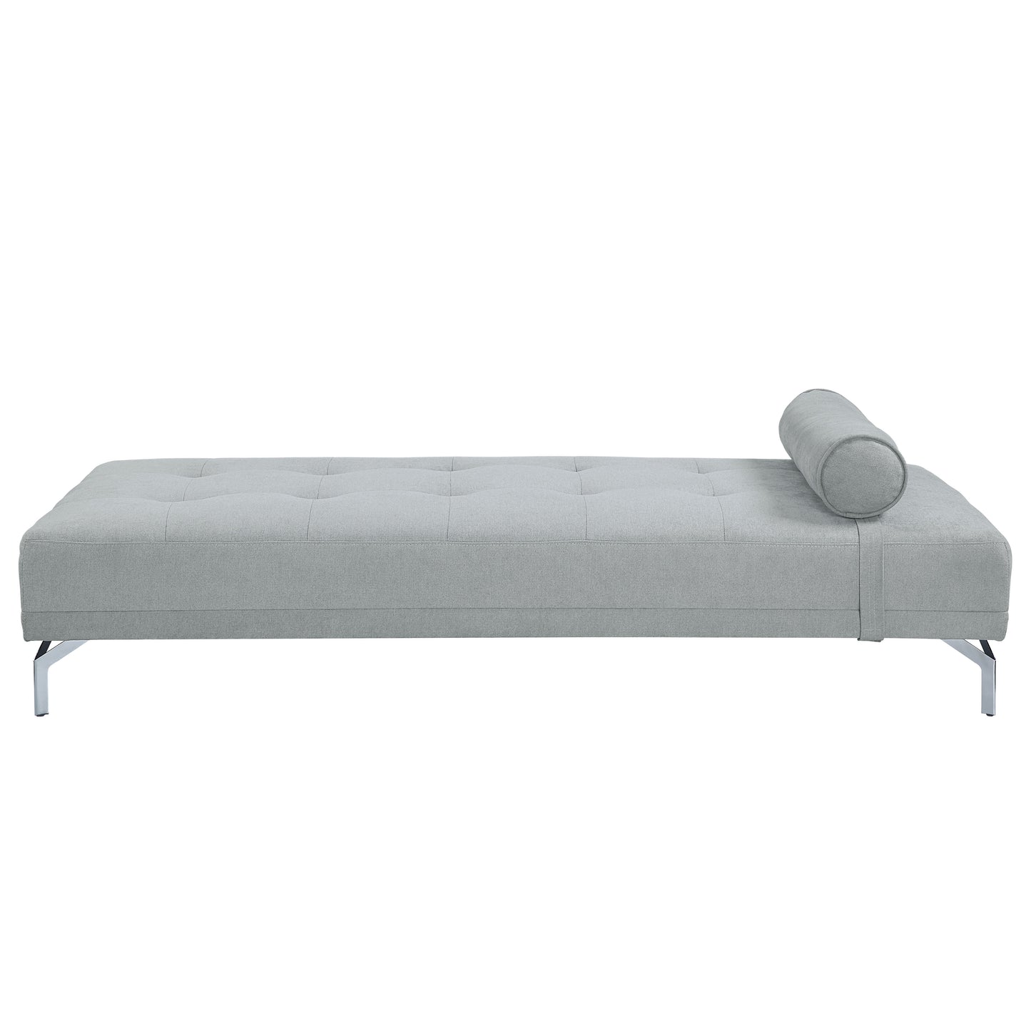 Gray upholstered daybed with tufted seat and chrome legs