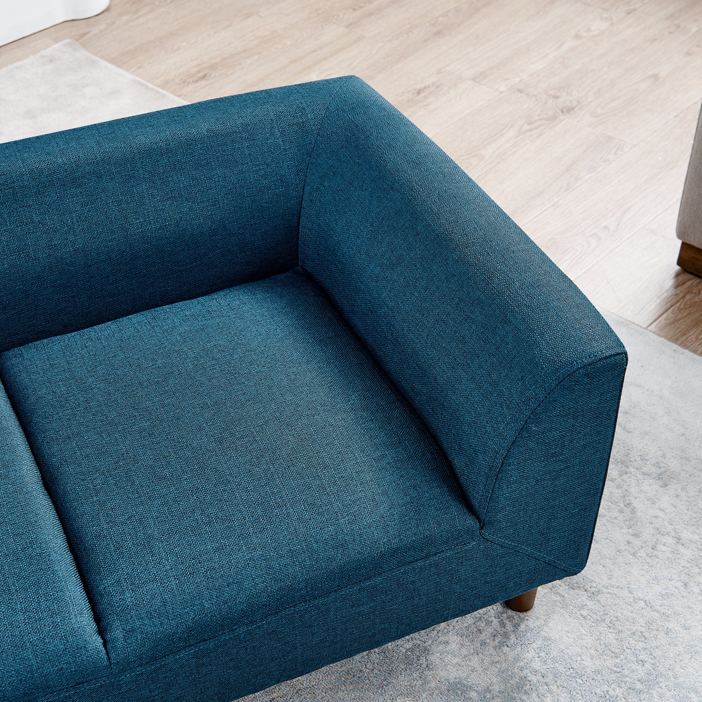 Teal fabric sofa corner with clean lines perfect for modern living rooms