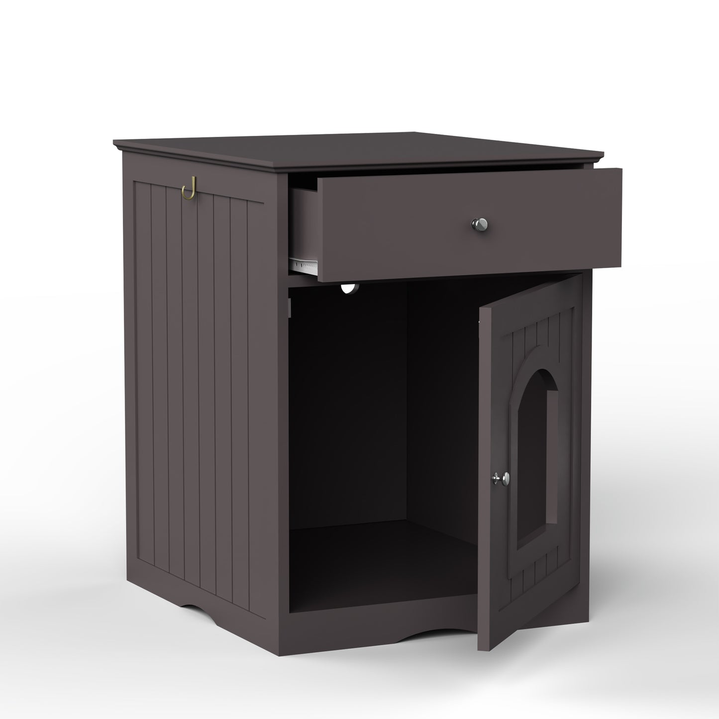 Dark brown wooden nightstand with one open drawer and one open door