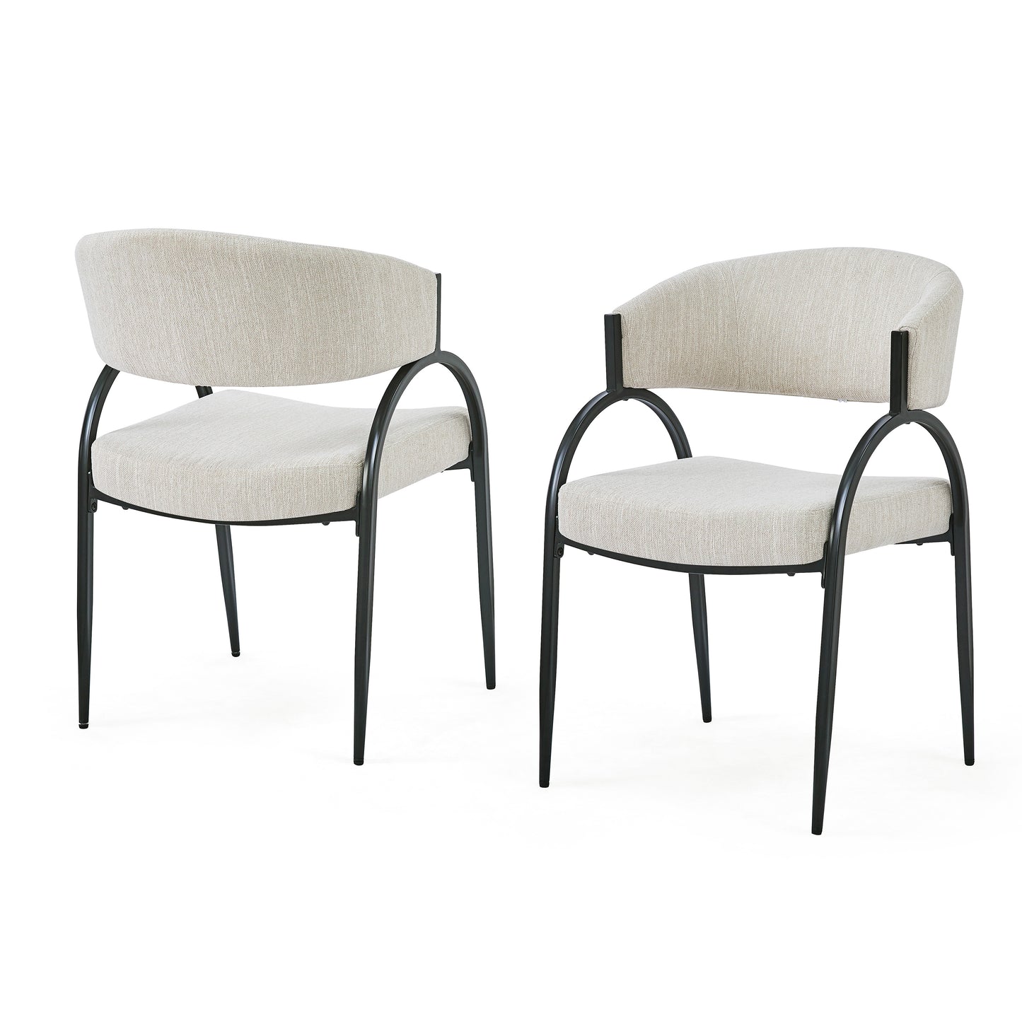 Two modern accent chairs with cream textured upholstery and black metal frames