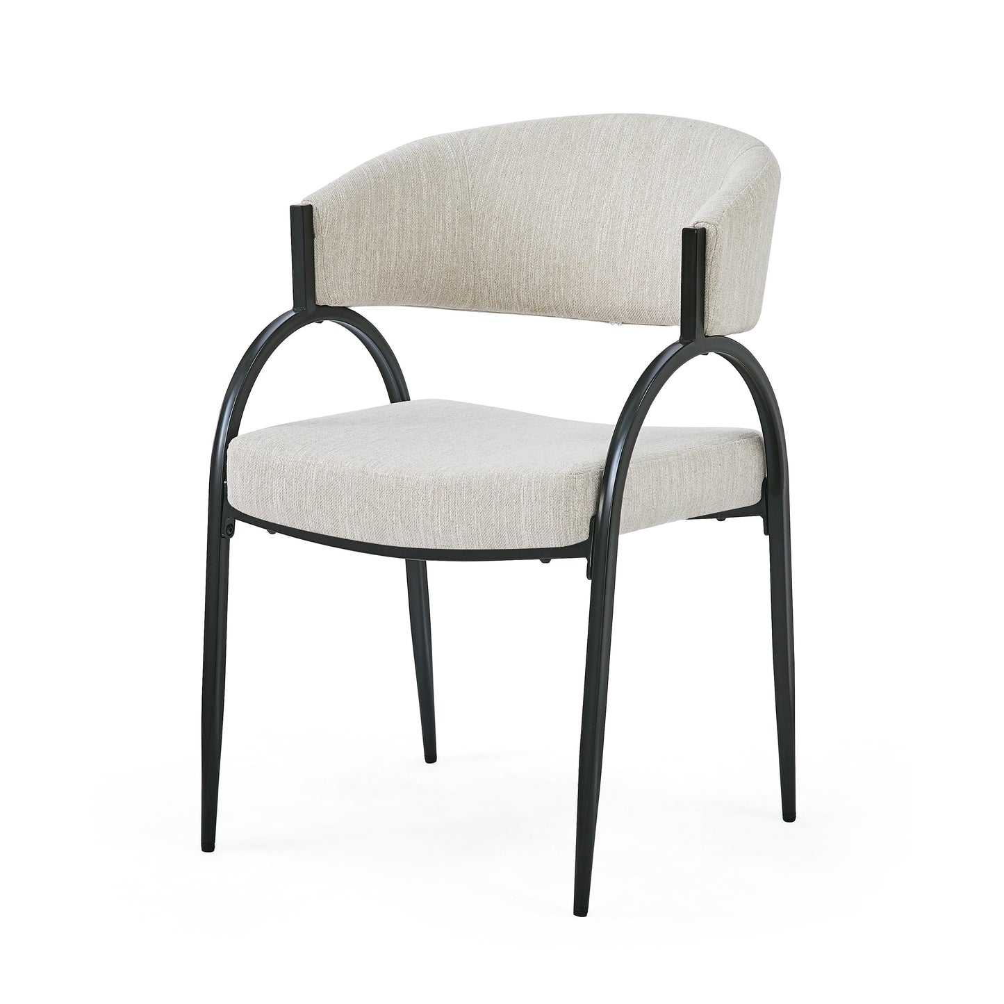 Beige fabric armchair with curved back and black metal frame