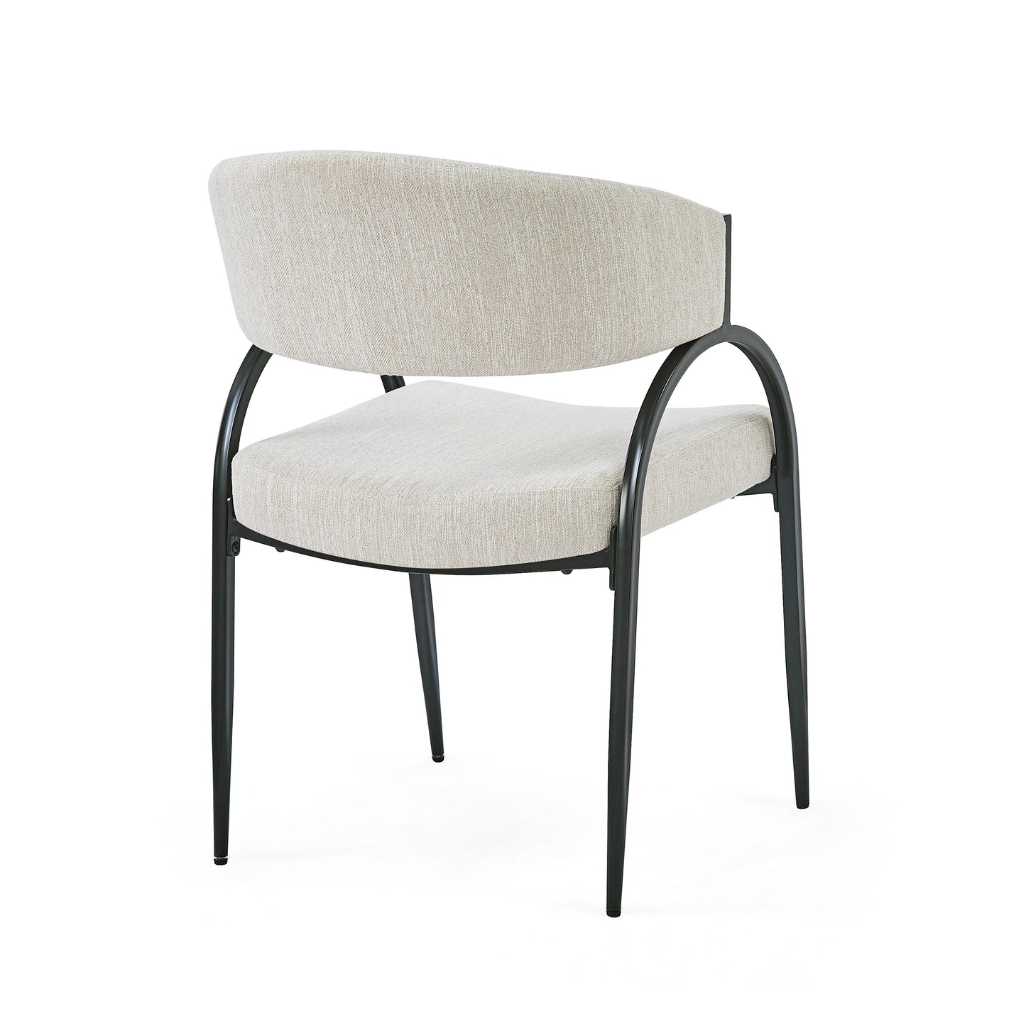 Beige upholstered accent chair with black metal legs comfortable for dining rooms