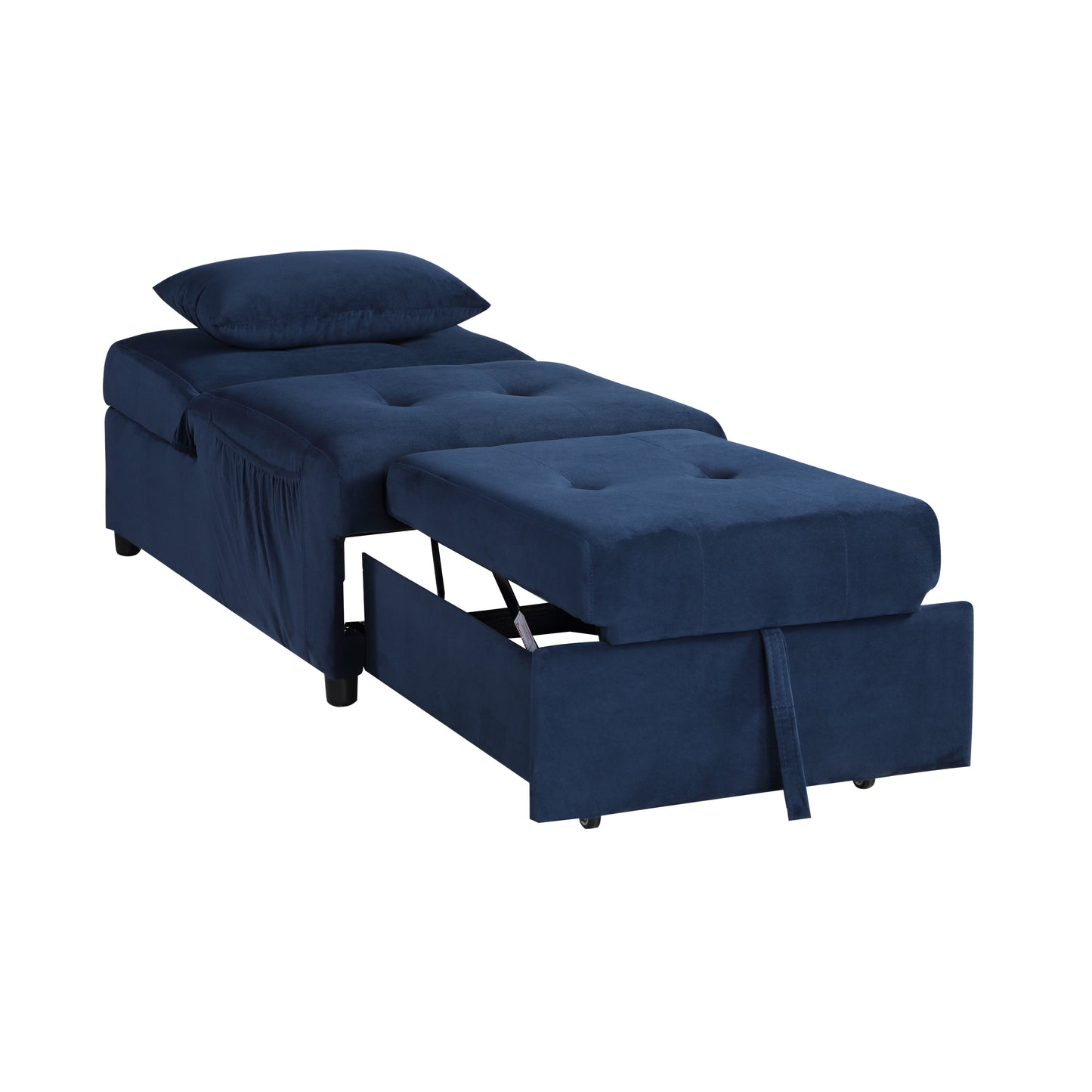 Navy blue velvet sleeper chair with storage and pullout ottoman