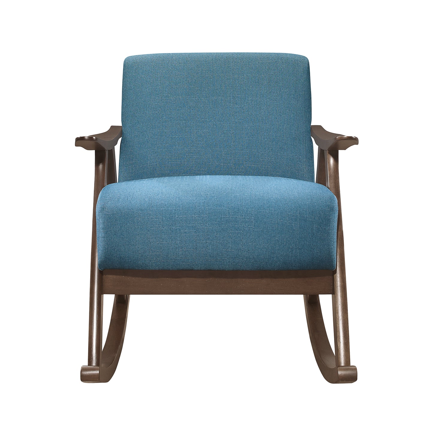 Blue fabric rocking chair with dark wood frame and arms