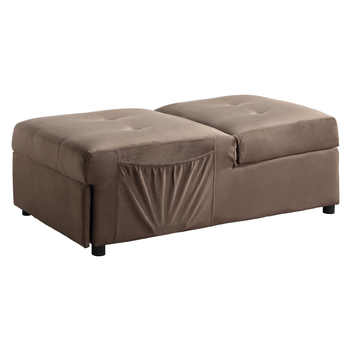 Brown tufted fabric ottoman with builtin side pockets