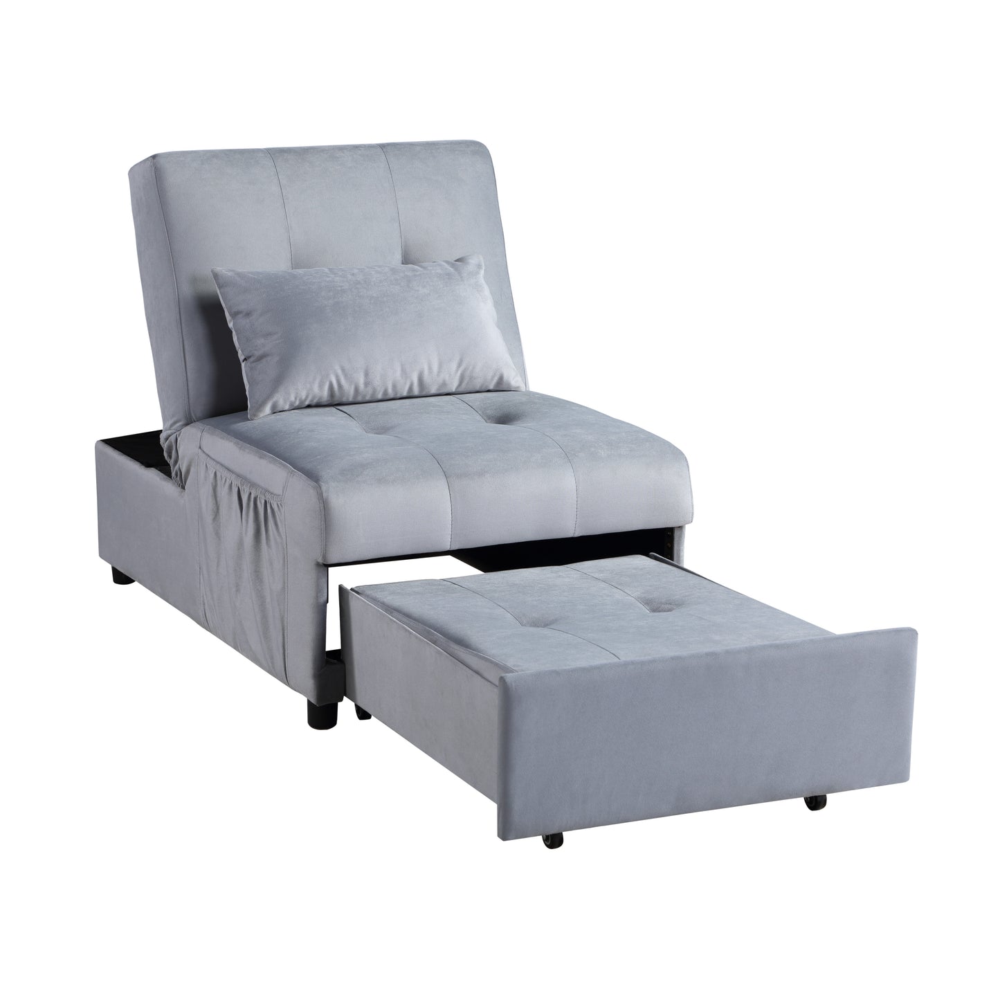 Grey velvet sofa bed with pullout ottoman and storage compartment