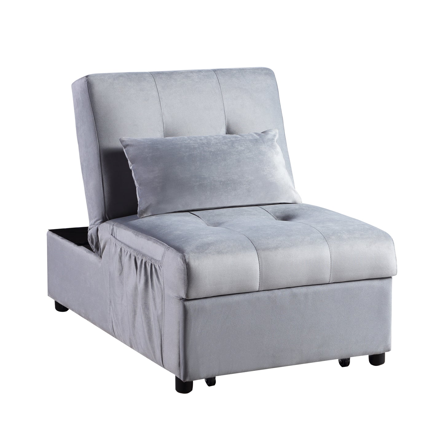 Grey velvet convertible sofa bed with storage