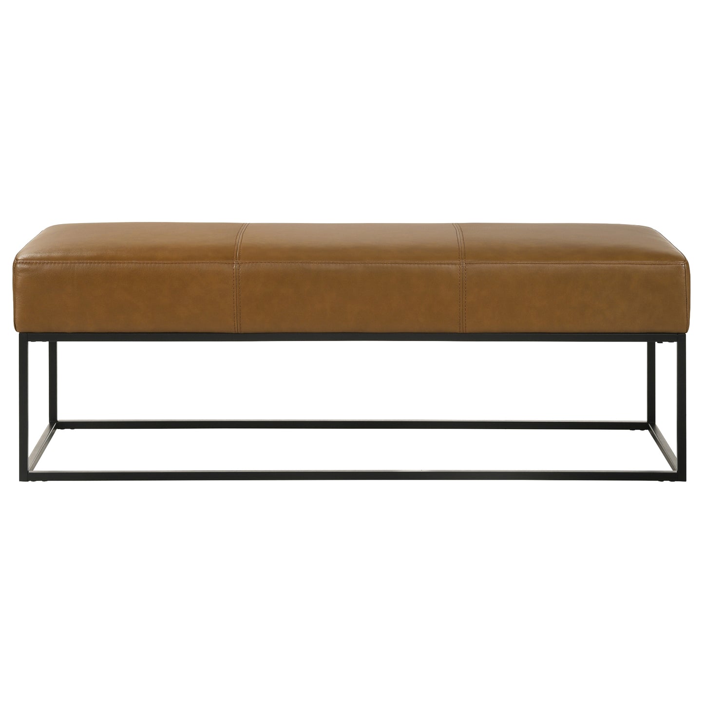 Brown leather bench with stitched detailing and a matte black metal frame