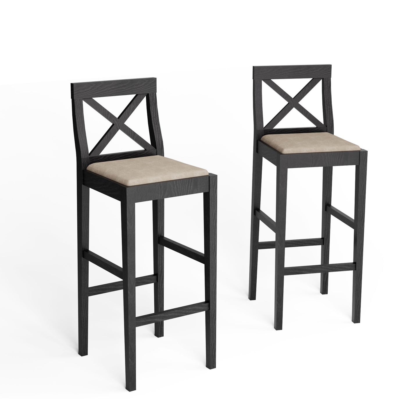 Dark wood bar stool with beige upholstered seat and Xback detail