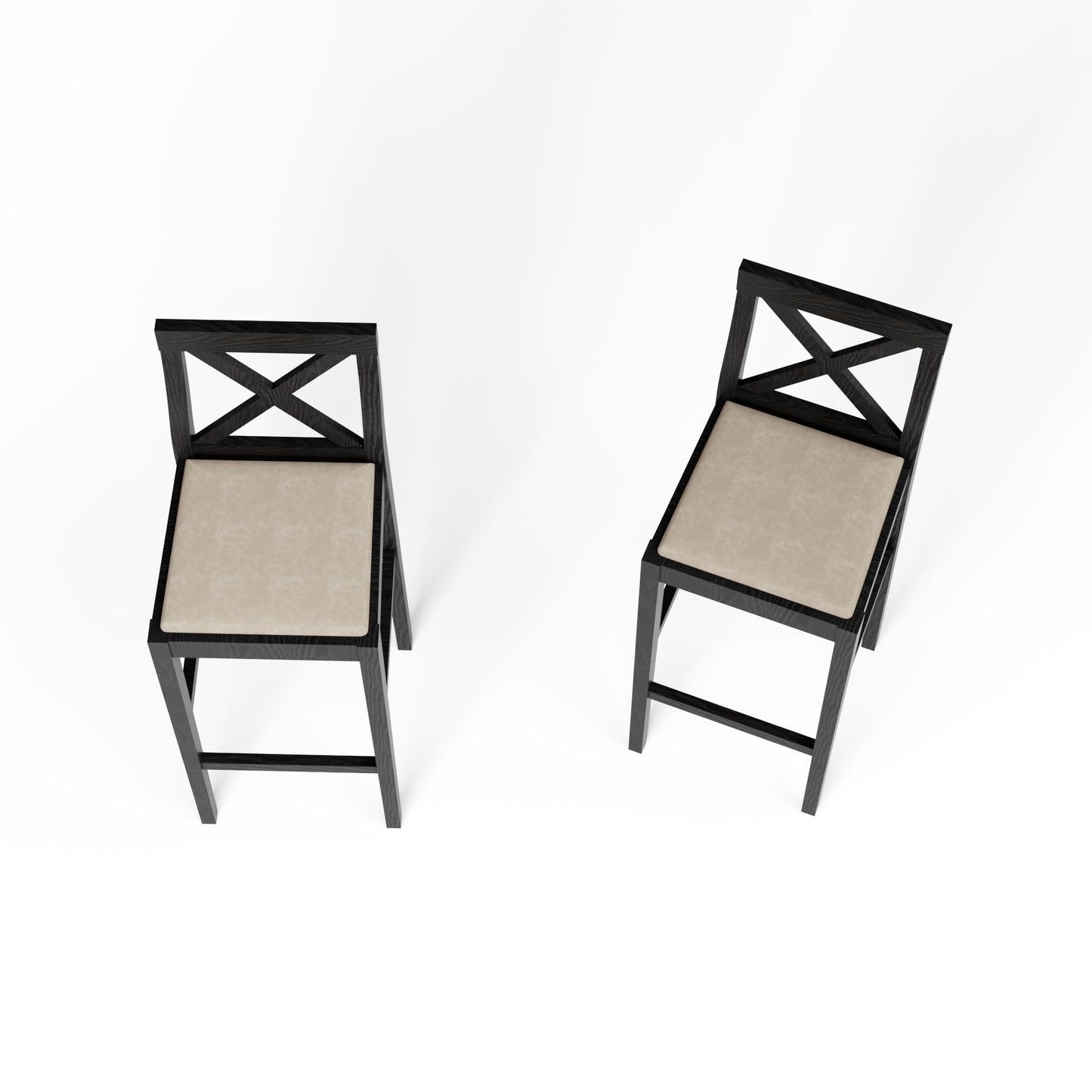 Dark wood bar stool with Xback design and beige upholstered seat