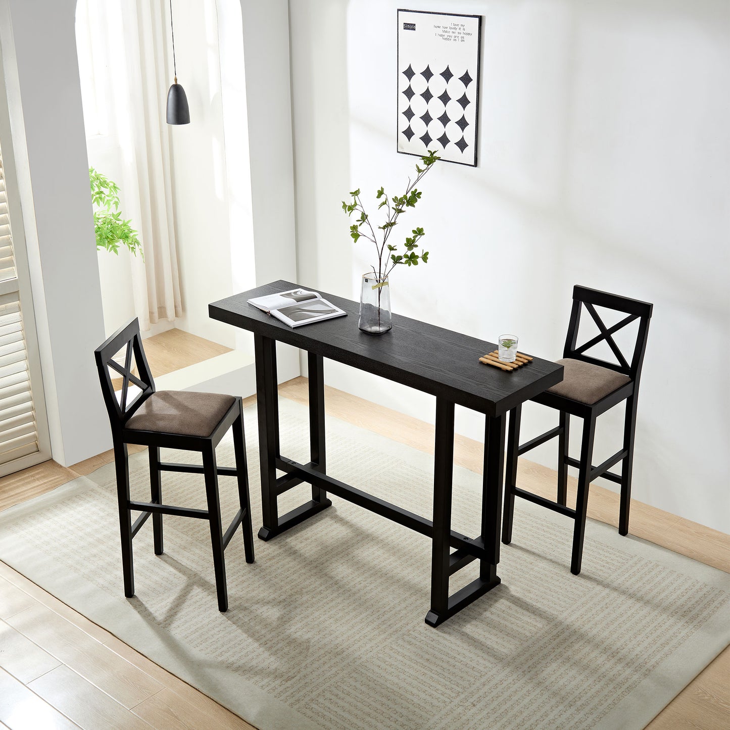 Black wood bar table with crisscross back bar stools