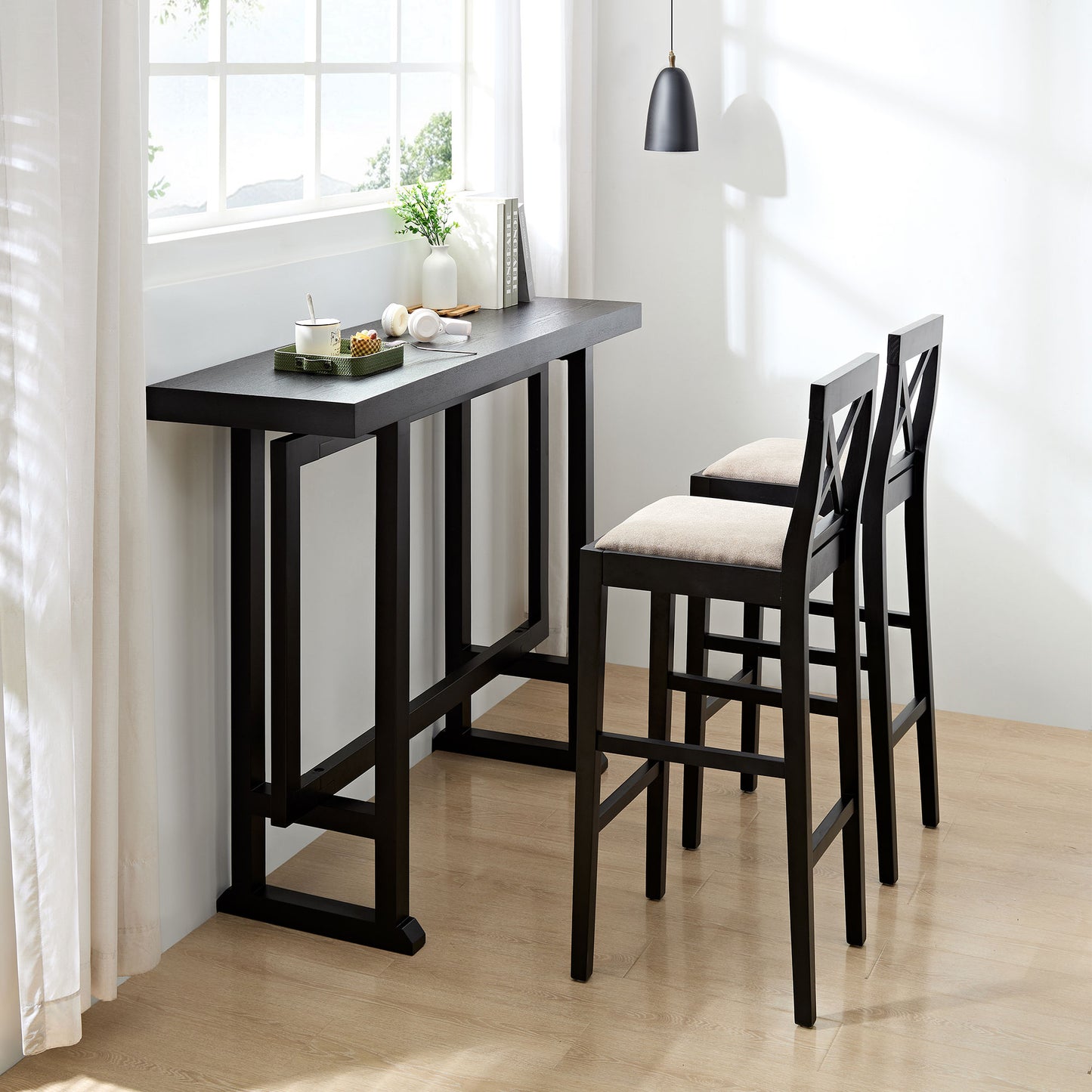 Dark wood bar table with Xback counter stools