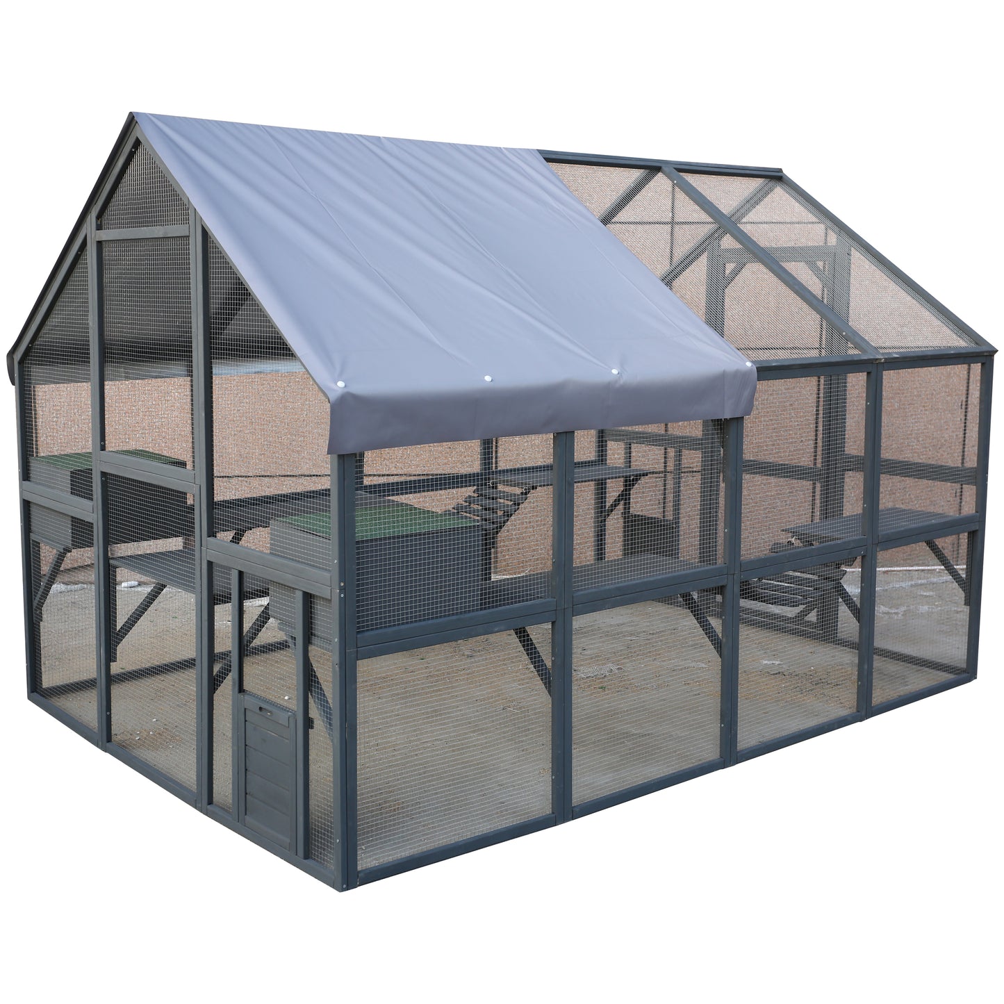 Spacious wooden and mesh large animal enclosure with ramp and covered roof