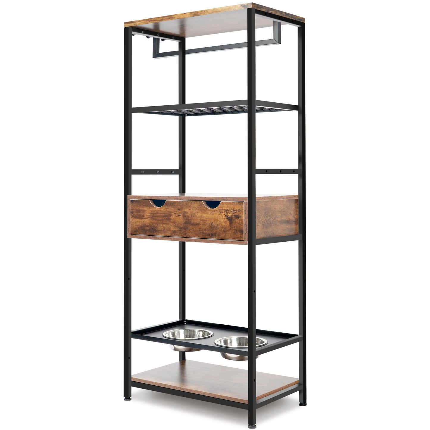 Industrial style shelving unit with wood shelves and metal frame including two pet bowls