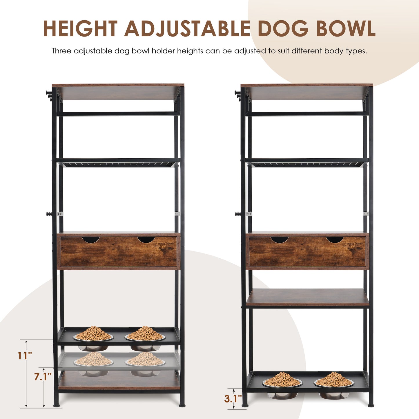 Rustic wood and black metal adjustable dog bowl stand with drawer