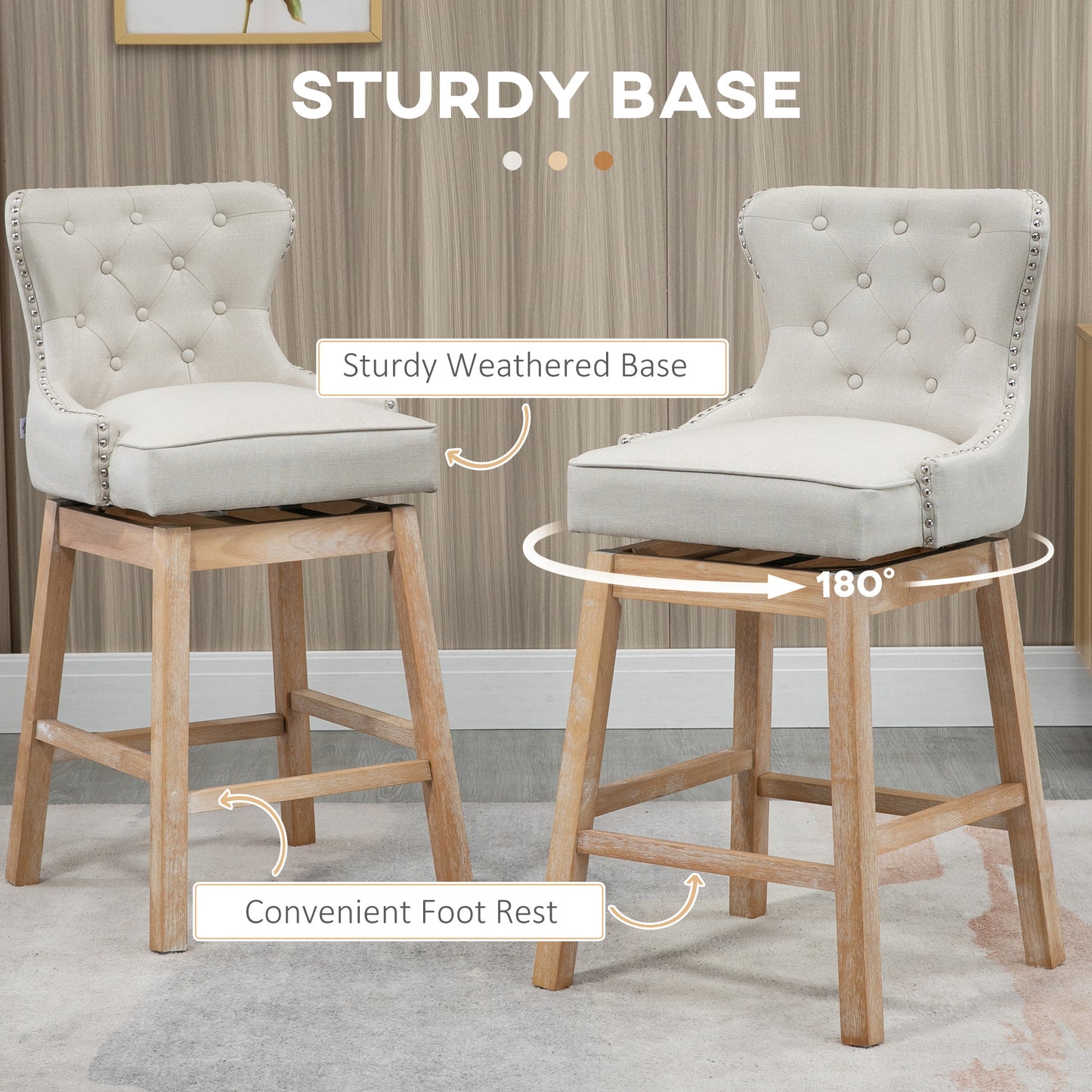 Cream upholstered swivel bar stool with tufted back and wood base