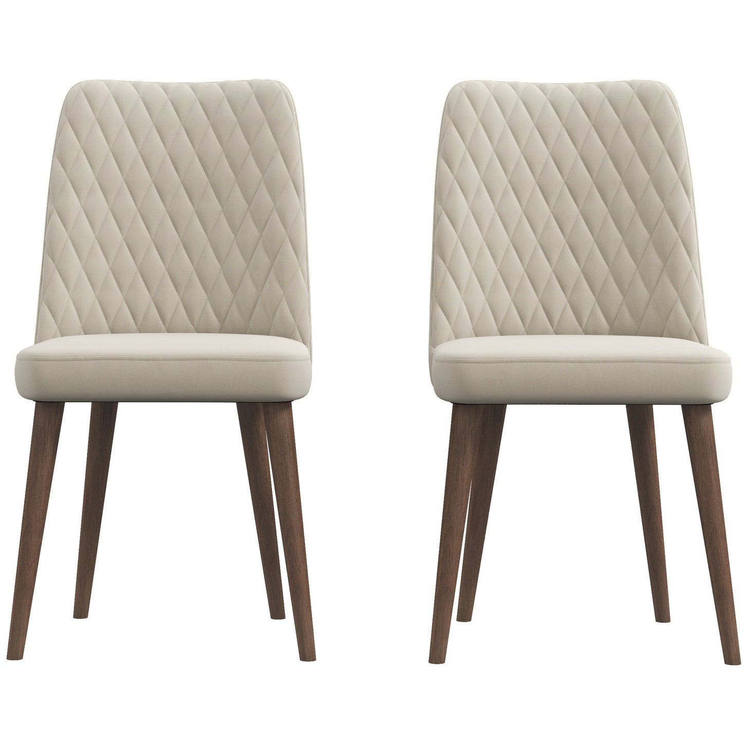Two beige upholstered dining chairs with diamond tufting and dark wood legs