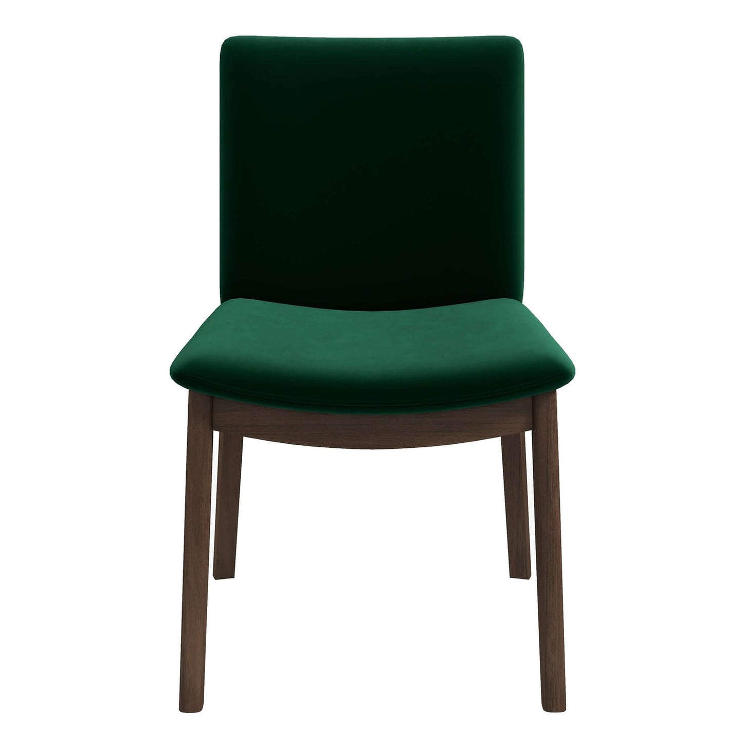 Emerald green velvet dining chair with dark wood legs