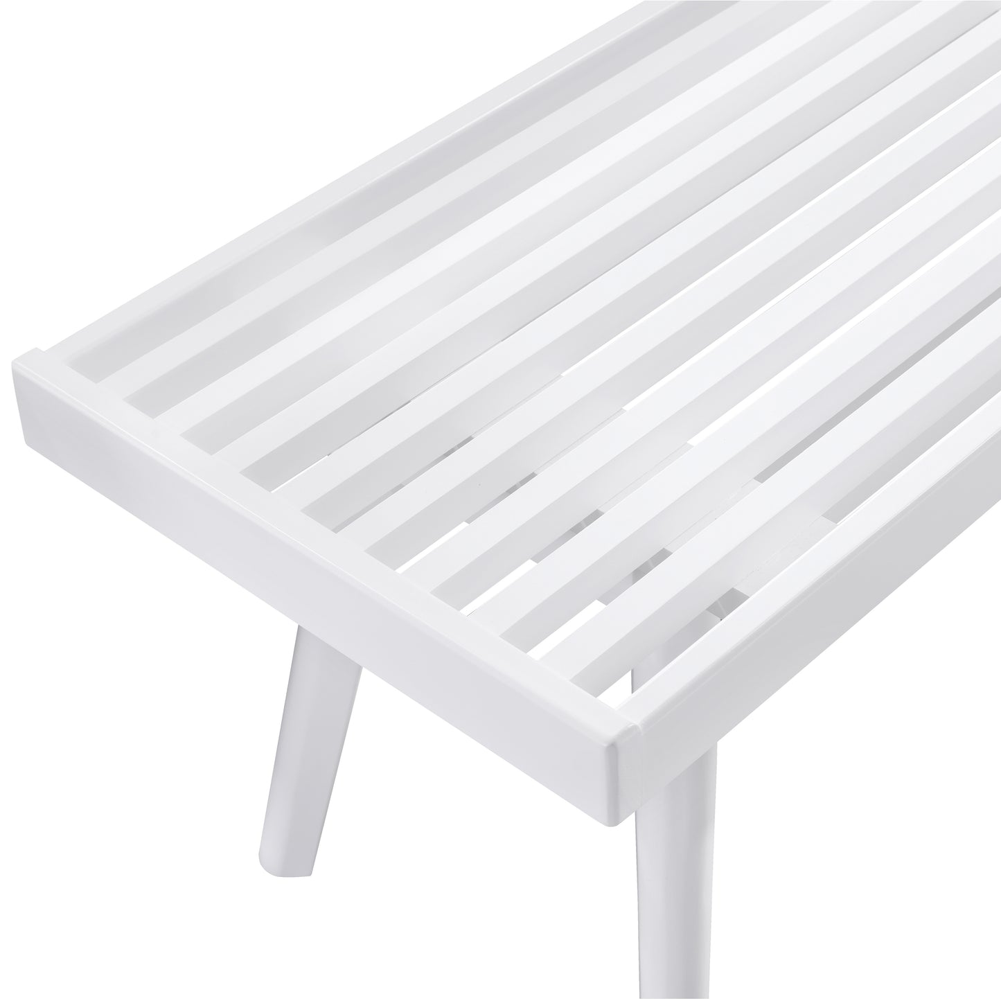 White slatted wood bench with tapered legs
