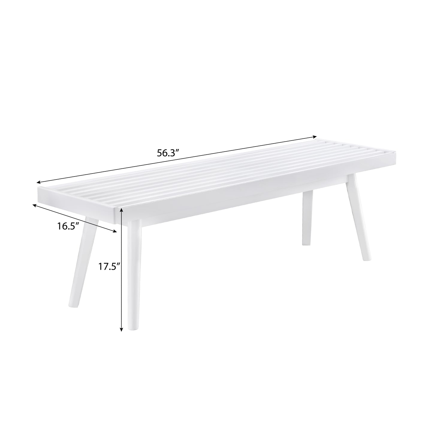 White slat bench with midcentury modern tapered legs