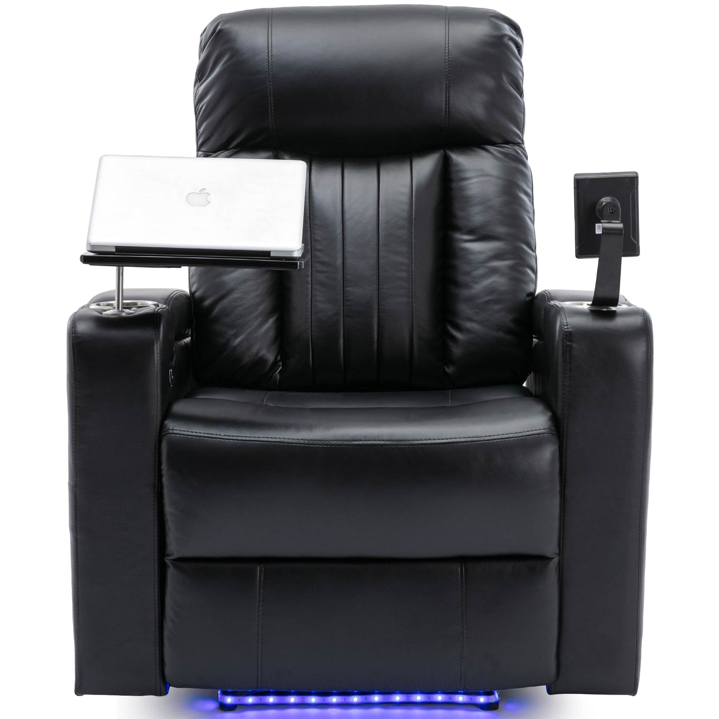 Black leather home theater recliner with tray cup holder and tablet mount