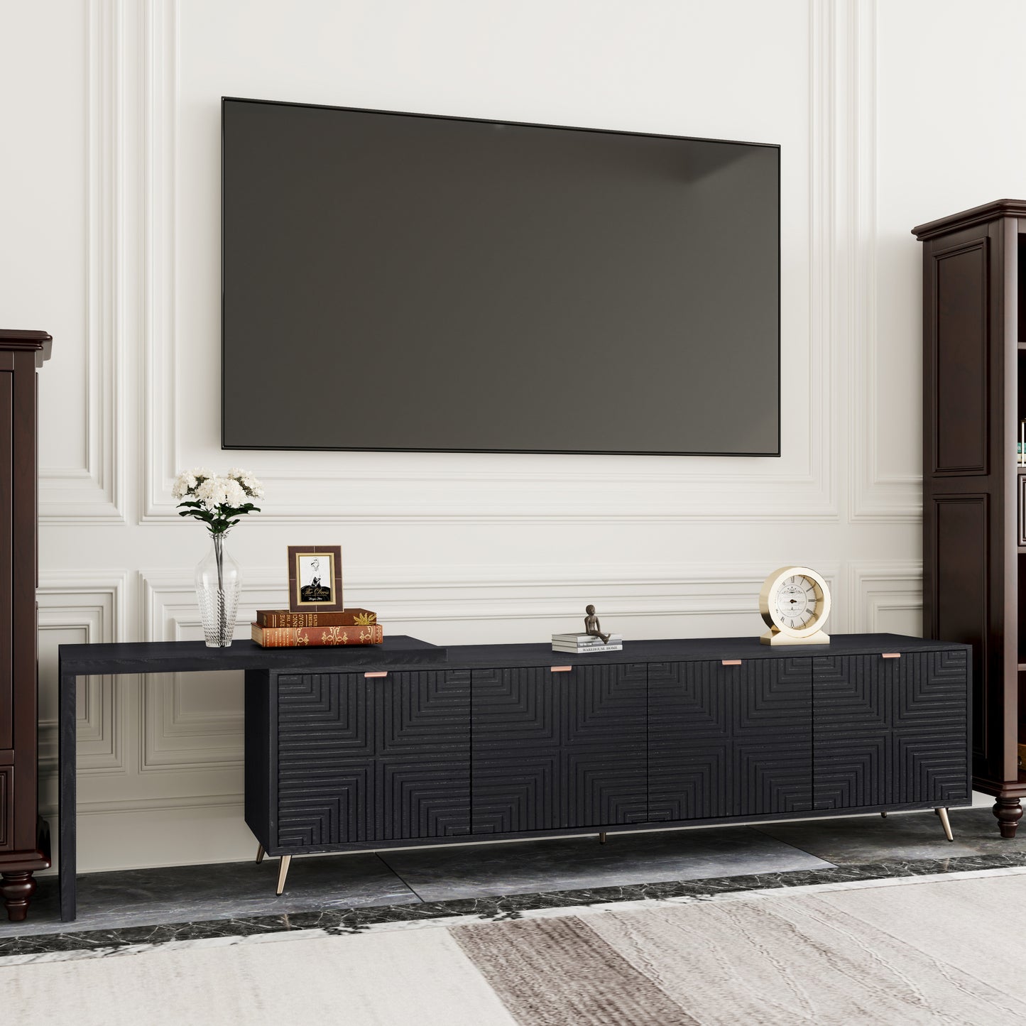 Black wood sideboard with geometric front panels rose gold handles and gold legs perfect for living rooms