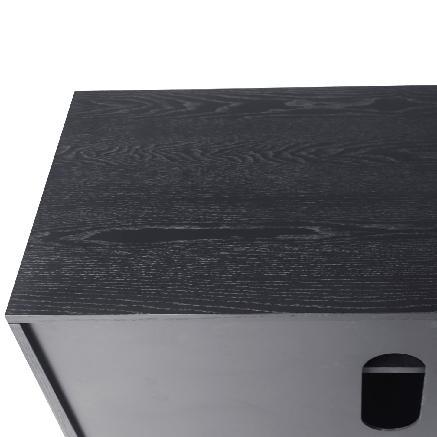 Dark wood grain texture on a modern TV stand top showing detailed grain patterns